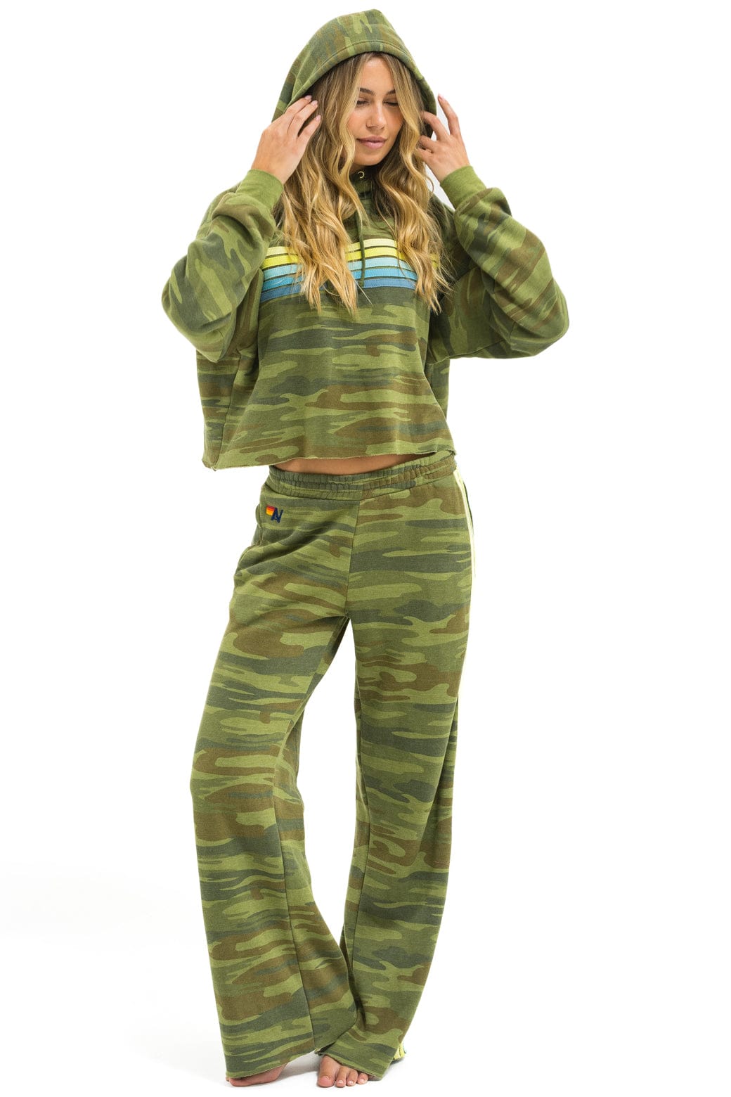 5 STRIPE RELAXED CROPPED PULLOVER HOODIE - CAMO // LIME // AQUA