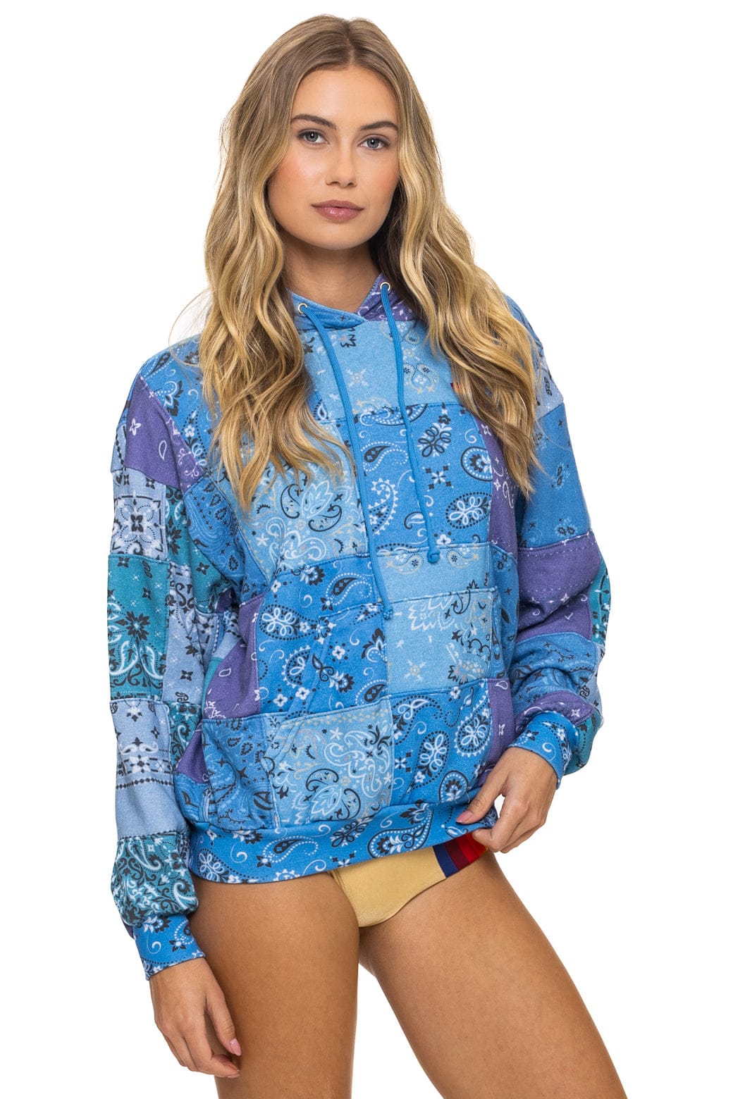 BANDANA QUILTED RELAXED PULLOVER HOODIE - BLUE