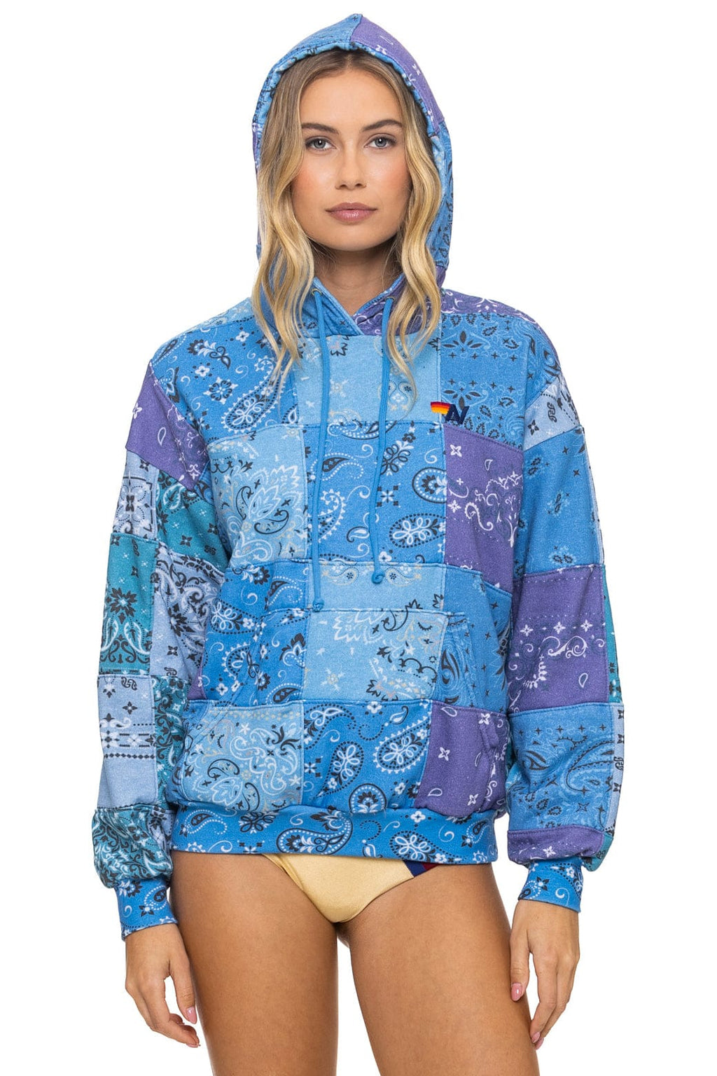 BANDANA QUILTED RELAXED PULLOVER HOODIE - BLUE