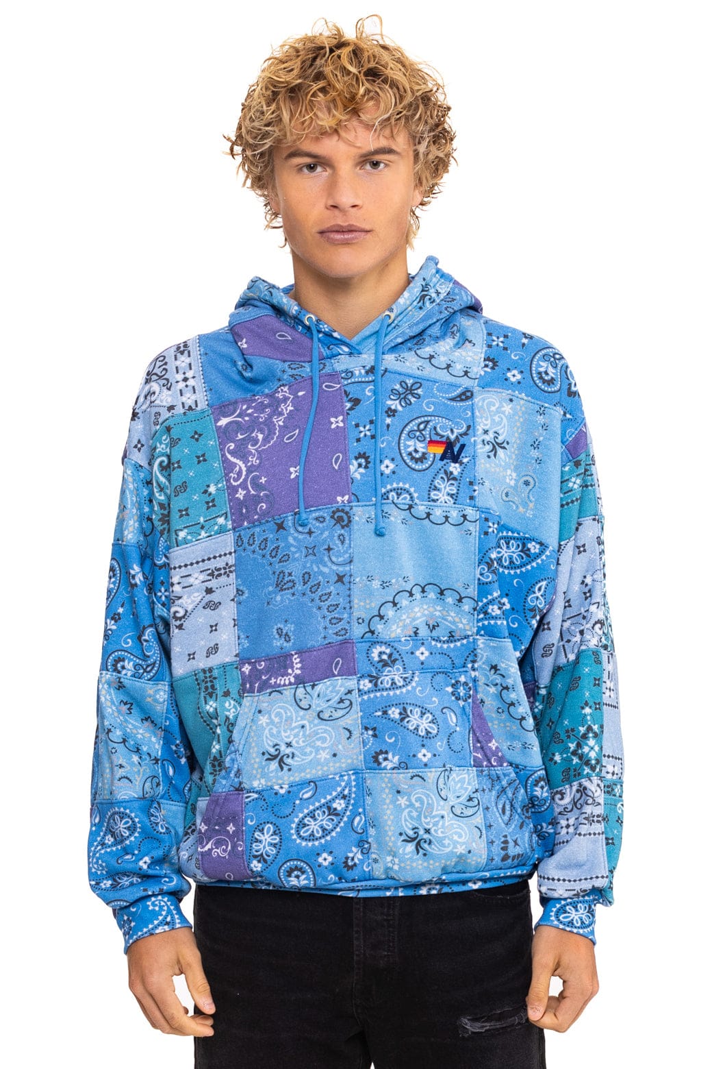 BANDANA QUILTED RELAXED PULLOVER HOODIE - BLUE