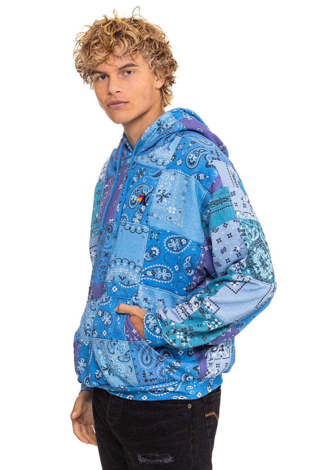 BANDANA QUILTED RELAXED PULLOVER HOODIE - BLUE