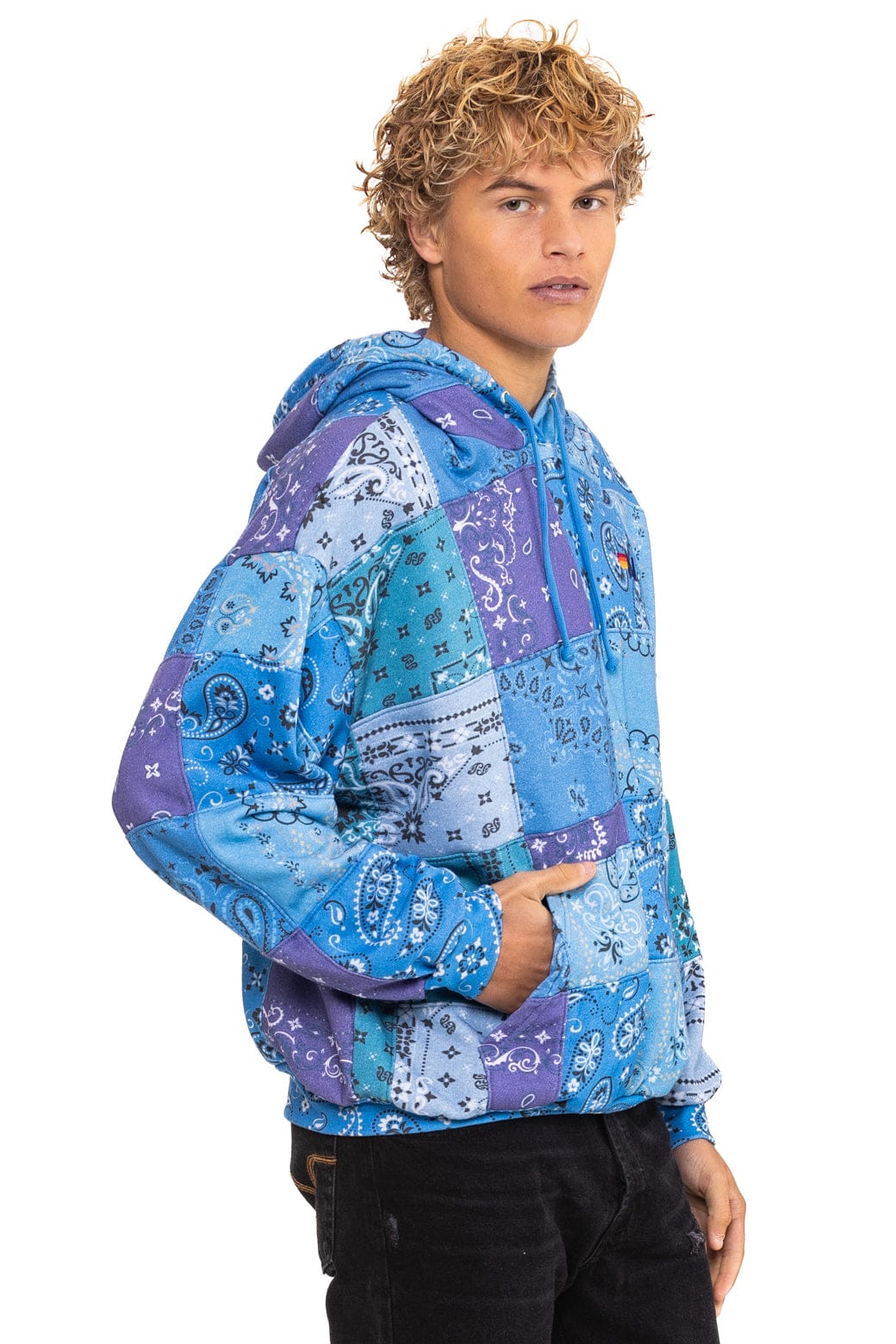 BANDANA QUILTED RELAXED PULLOVER HOODIE - BLUE
