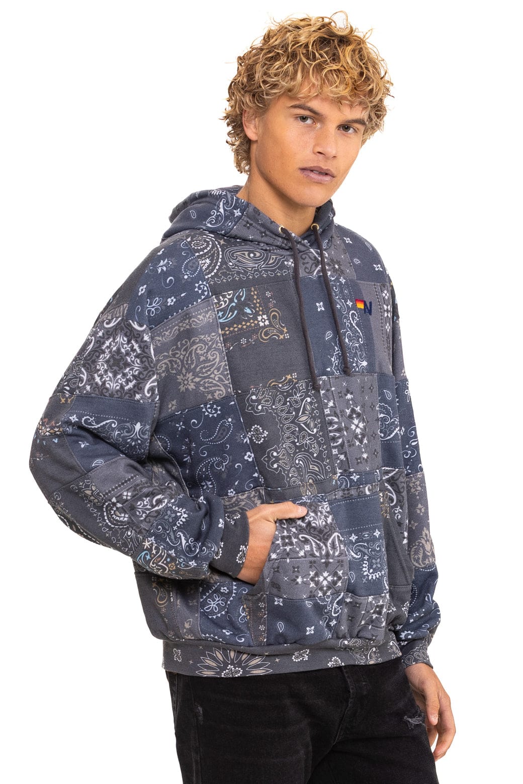BANDANA QUILTED RELAXED PULLOVER HOODIE - CHARCOAL