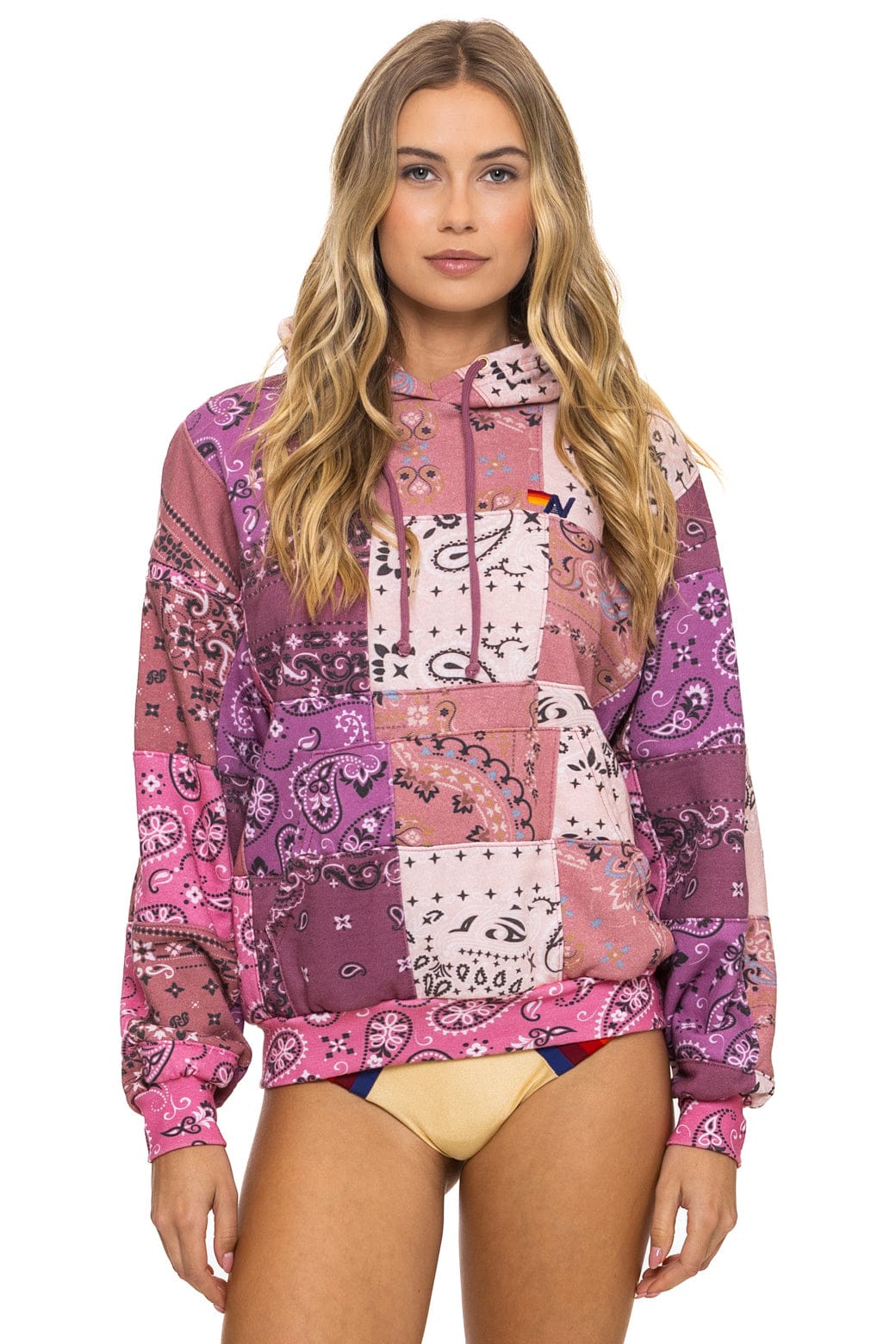 BANDANA QUILTED RELAXED PULLOVER HOODIE - PINK
