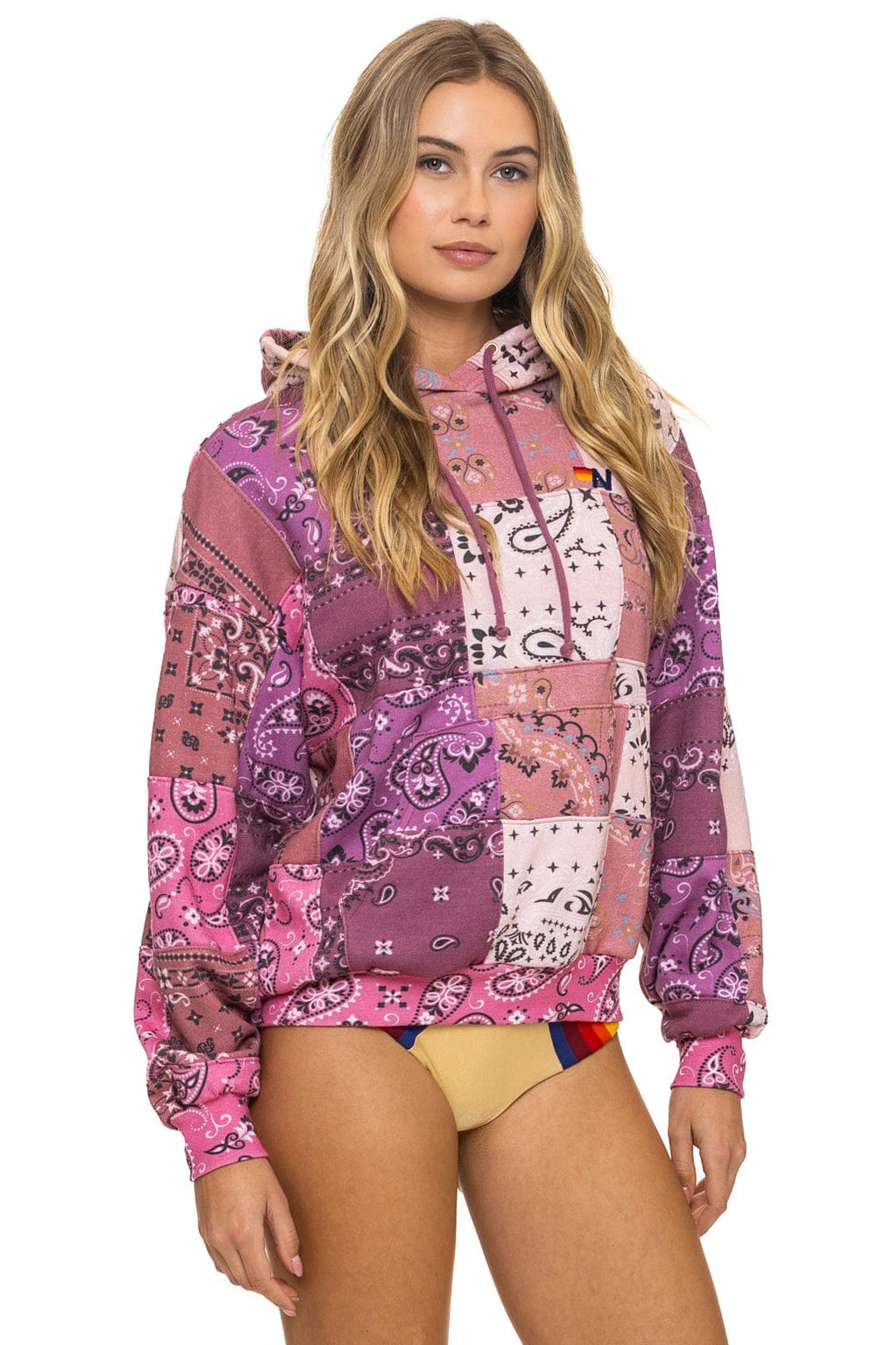 BANDANA QUILTED RELAXED PULLOVER HOODIE - PINK