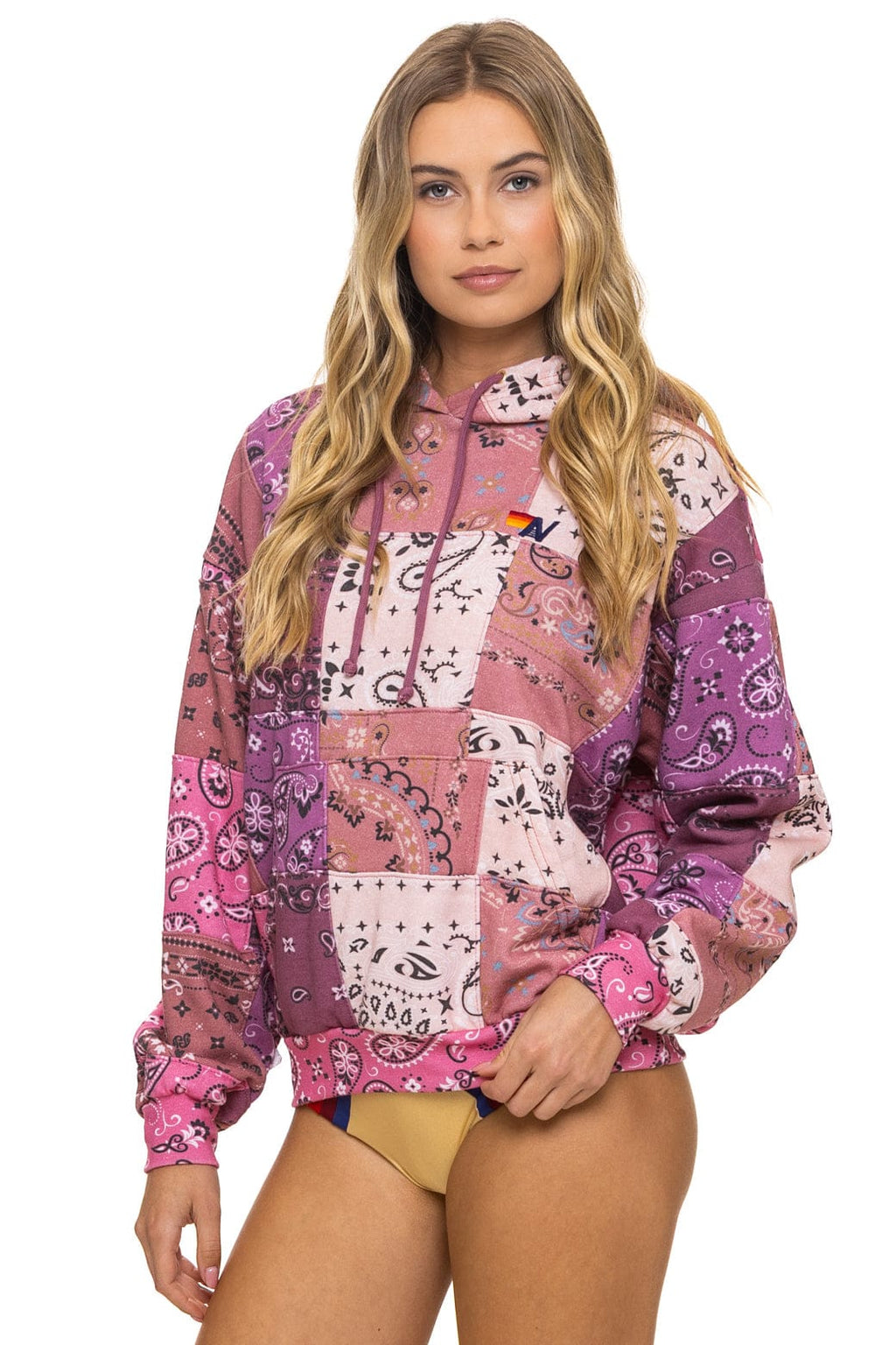 BANDANA QUILTED RELAXED PULLOVER HOODIE - PINK