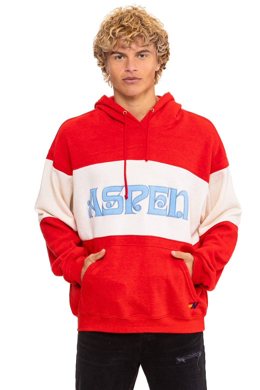 ASPEN EMBROIDERY COLOR BLOCK PULLOVER HOODIE RELAXED - RED // VINTAGE WHITE