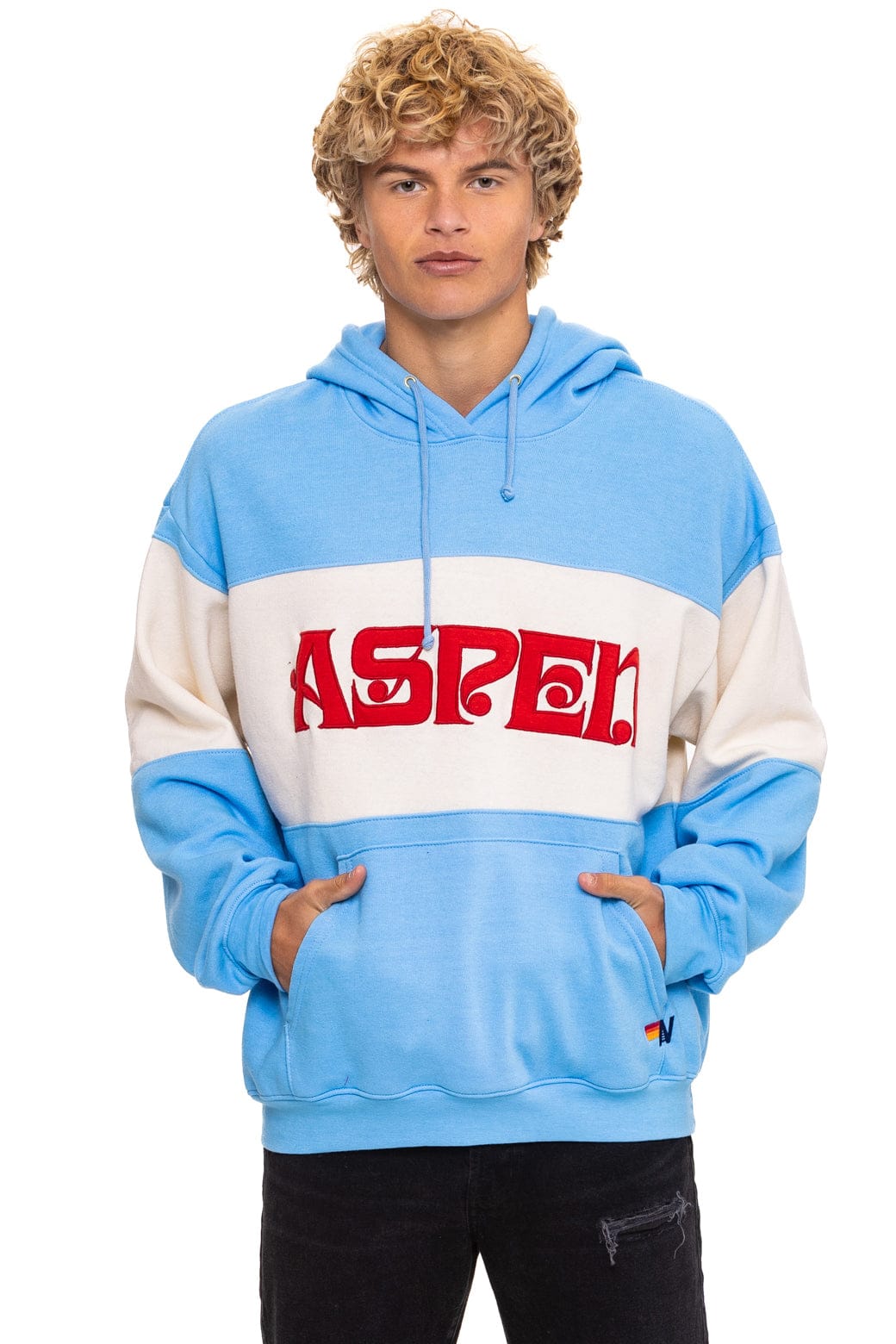 ASPEN EMBROIDERY COLOR BLOCK PULLOVER HOODIE RELAXED - SKY // VINTAGE WHITE
