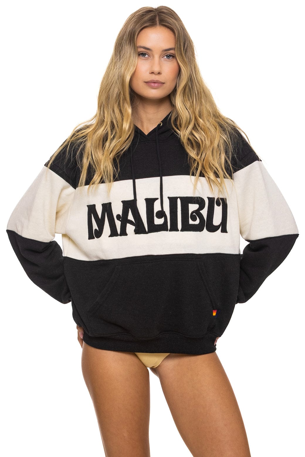 MALIBU EMBROIDERY COLOR BLOCK PULLOVER HOODIE RELAXED - BLACK // VINTAGE WHITE