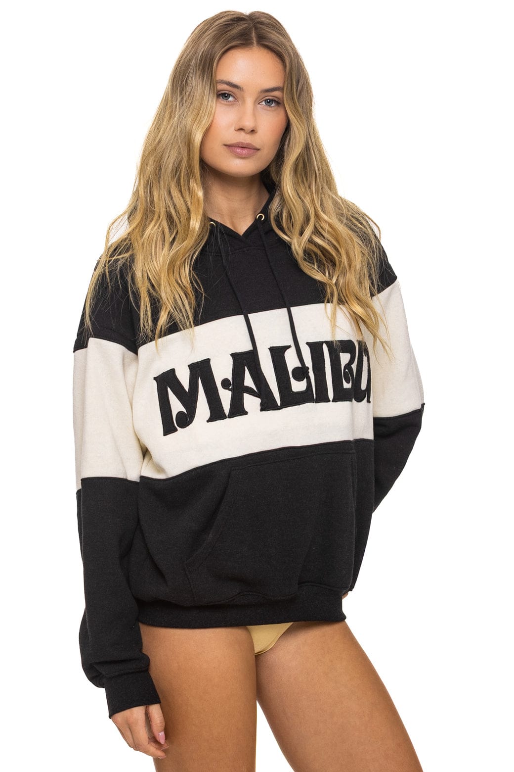 MALIBU EMBROIDERY COLOR BLOCK PULLOVER HOODIE RELAXED - BLACK // VINTAGE WHITE