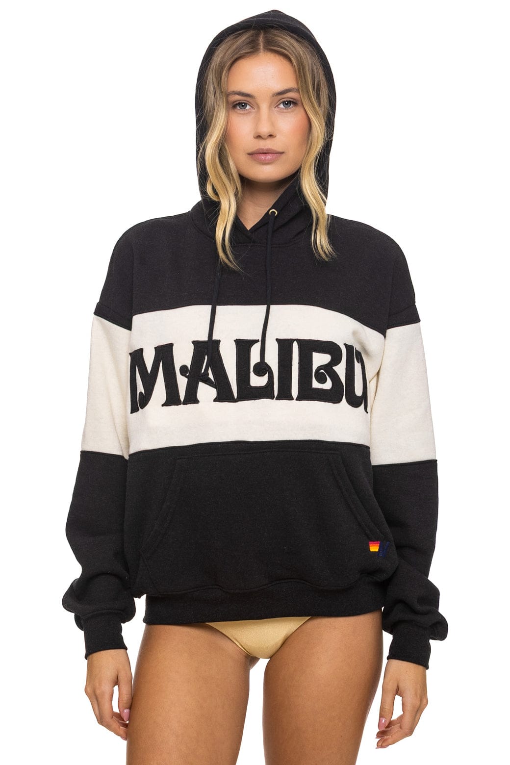 MALIBU EMBROIDERY COLOR BLOCK PULLOVER HOODIE RELAXED - BLACK // VINTAGE WHITE