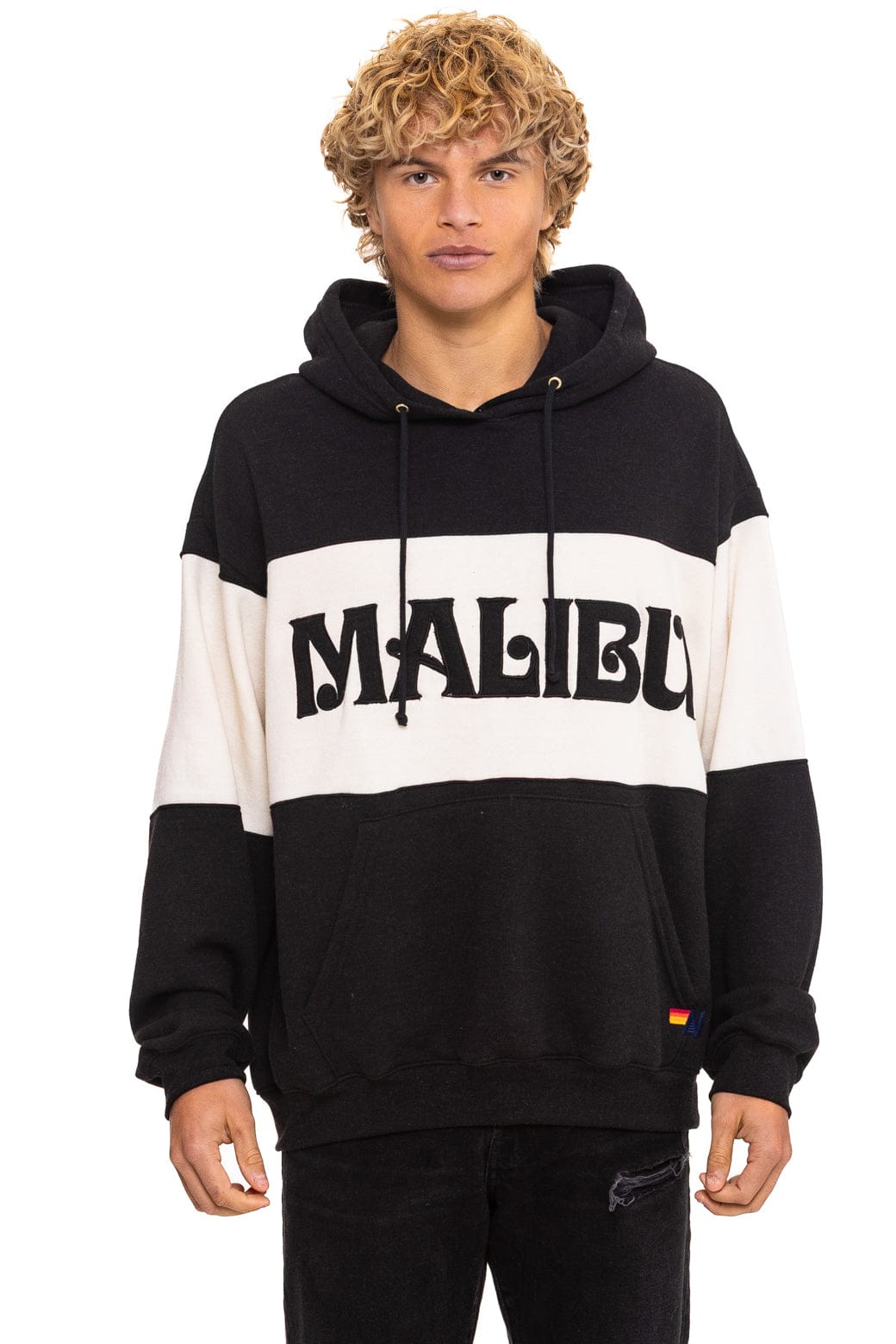 MALIBU EMBROIDERY COLOR BLOCK PULLOVER HOODIE RELAXED - BLACK // VINTAGE WHITE