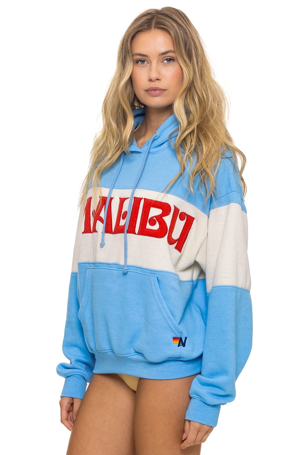 MALIBU EMBROIDERY COLOR BLOCK PULLOVER HOODIE RELAXED - SKY // VINTAGE WHITE