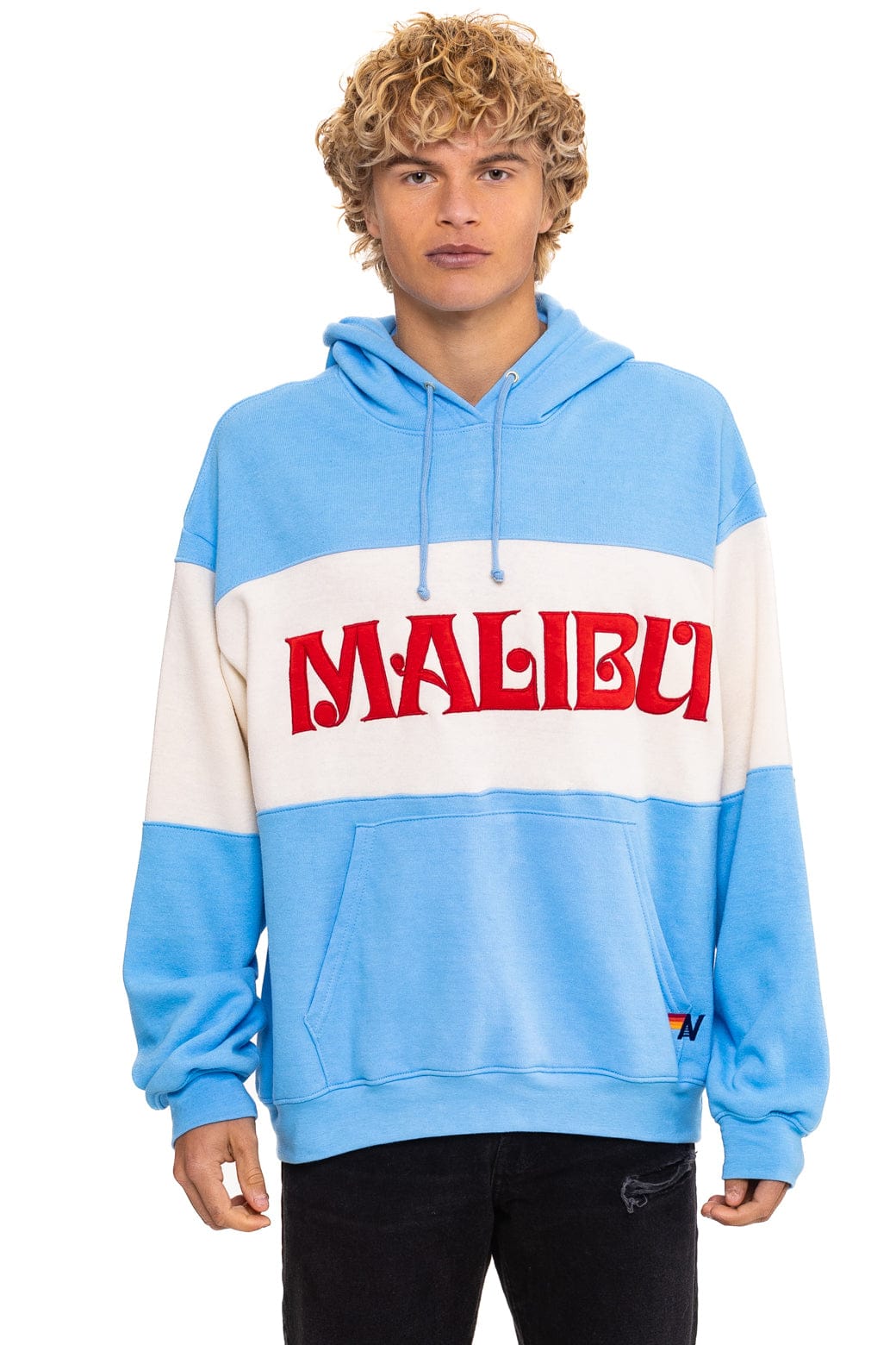 MALIBU EMBROIDERY COLOR BLOCK PULLOVER HOODIE RELAXED - SKY // VINTAGE WHITE
