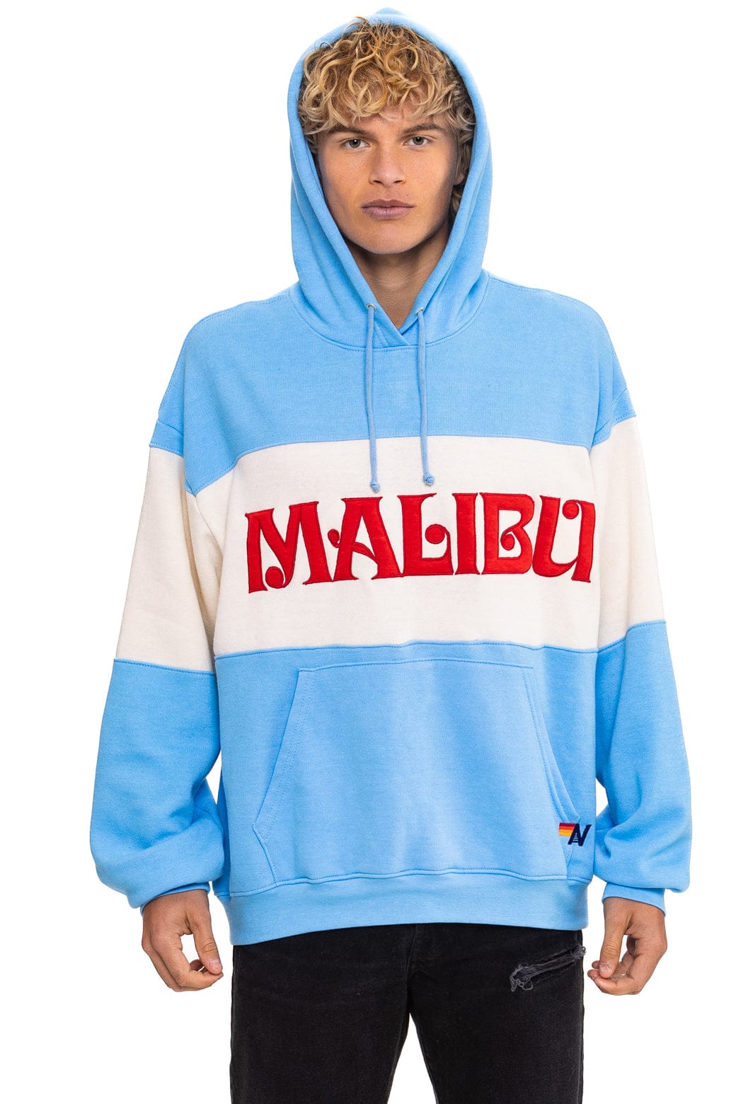 MALIBU EMBROIDERY COLOR BLOCK PULLOVER HOODIE RELAXED - SKY // VINTAGE WHITE