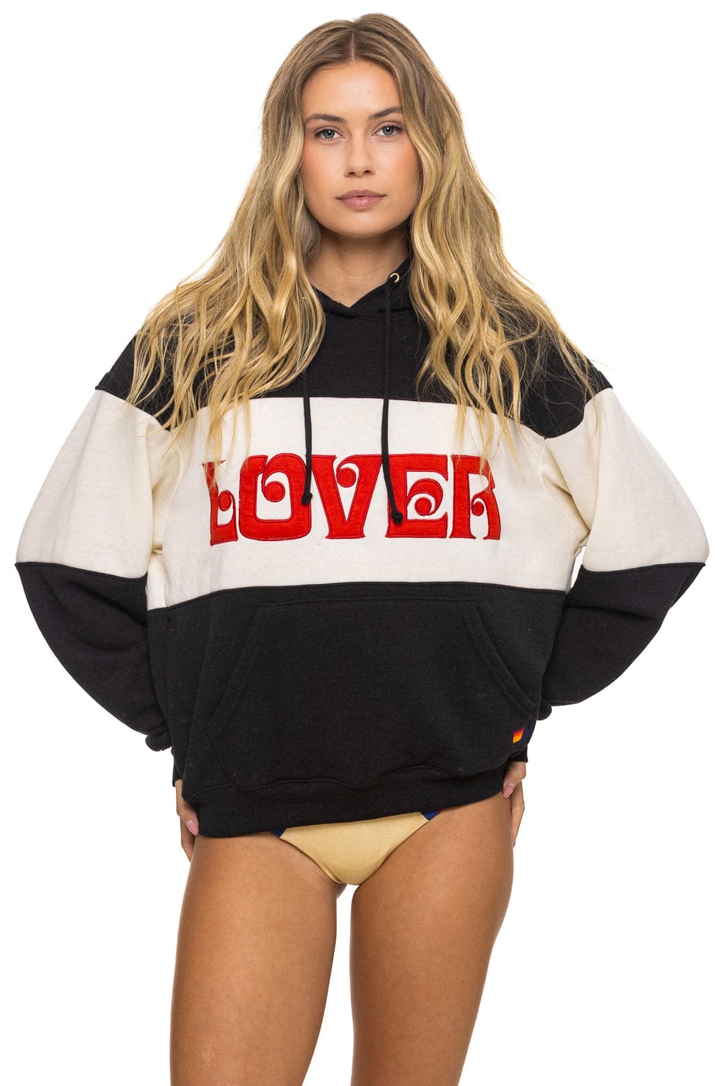 LOVER EMBROIDERY COLOR BLOCK PULLOVER HOODIE RELAXED - BLACK // VINTAGE WHITE
