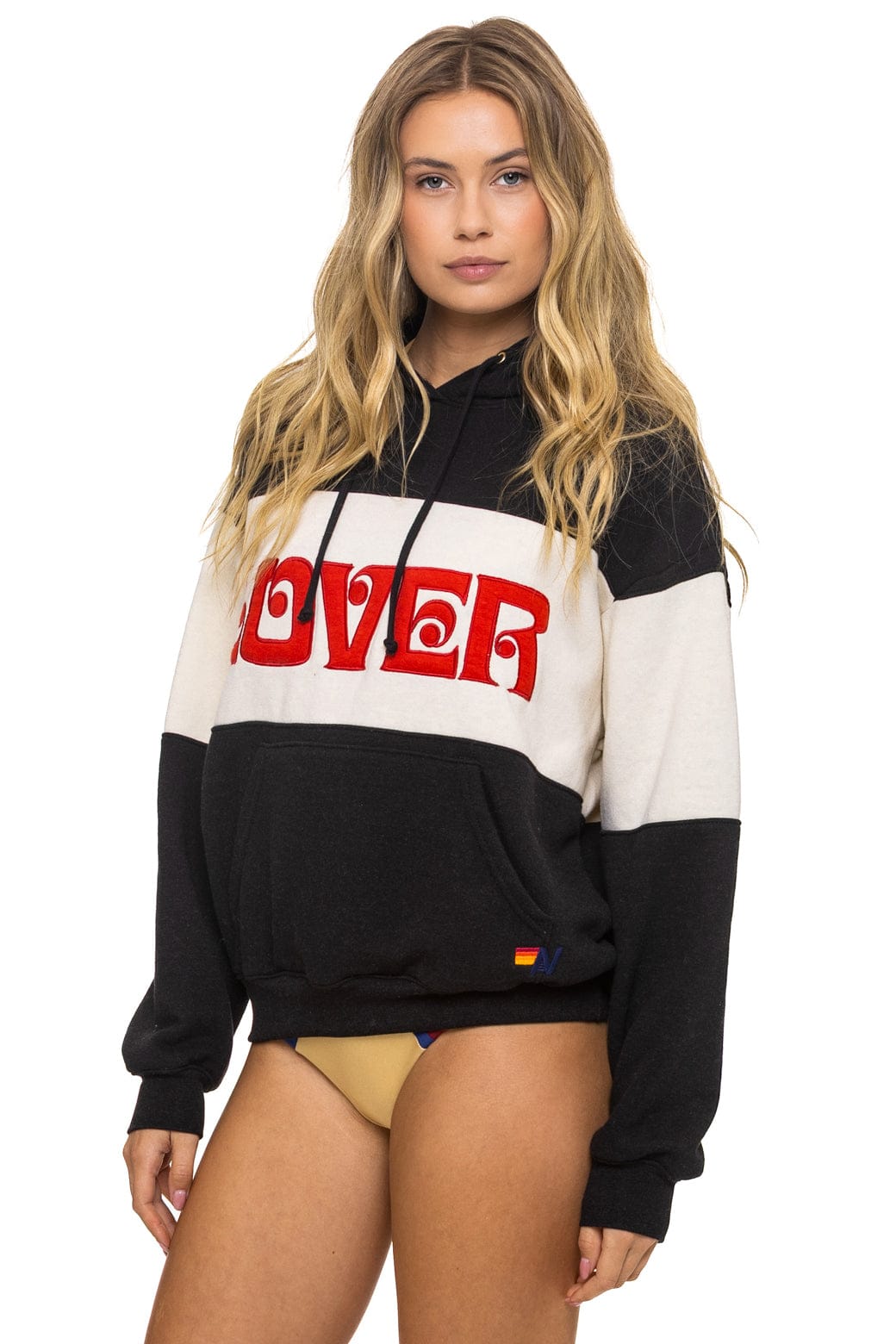LOVER EMBROIDERY COLOR BLOCK PULLOVER HOODIE RELAXED - BLACK // VINTAGE WHITE