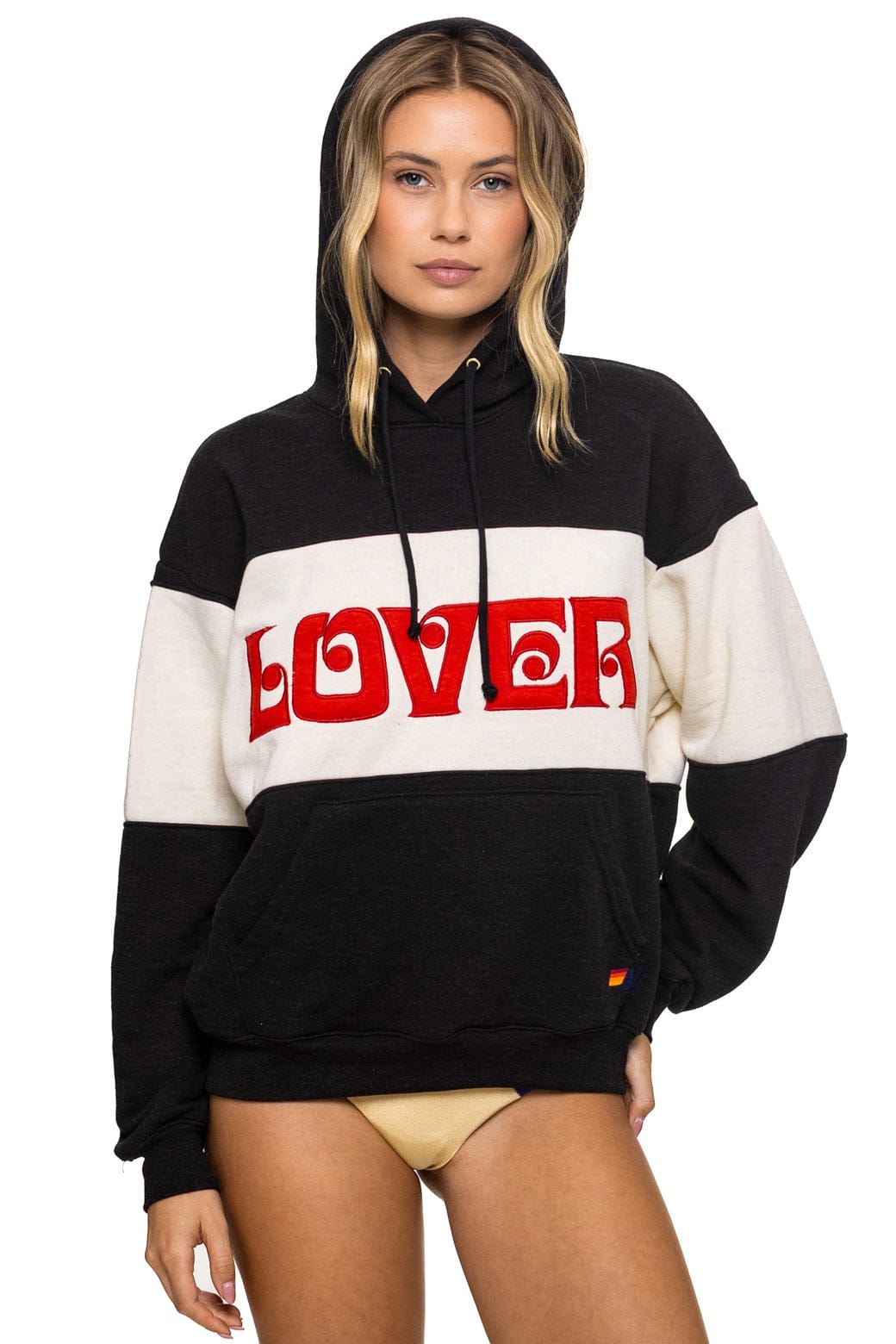 LOVER EMBROIDERY COLOR BLOCK PULLOVER HOODIE RELAXED - BLACK // VINTAGE WHITE