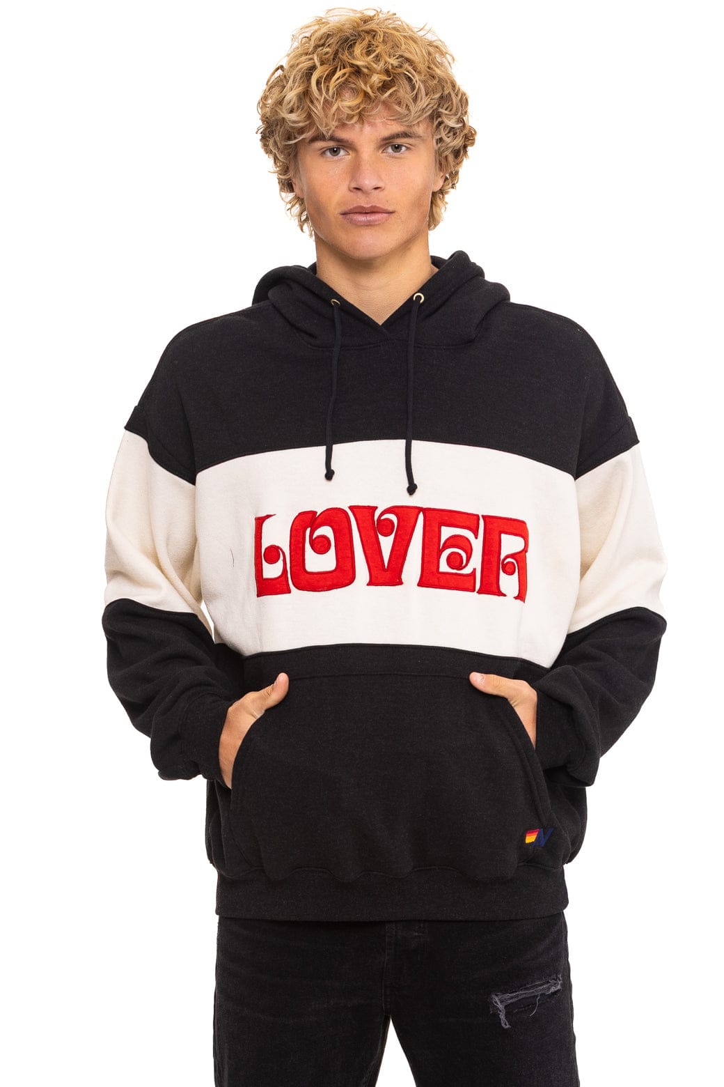 LOVER EMBROIDERY COLOR BLOCK PULLOVER HOODIE RELAXED - BLACK // VINTAGE WHITE