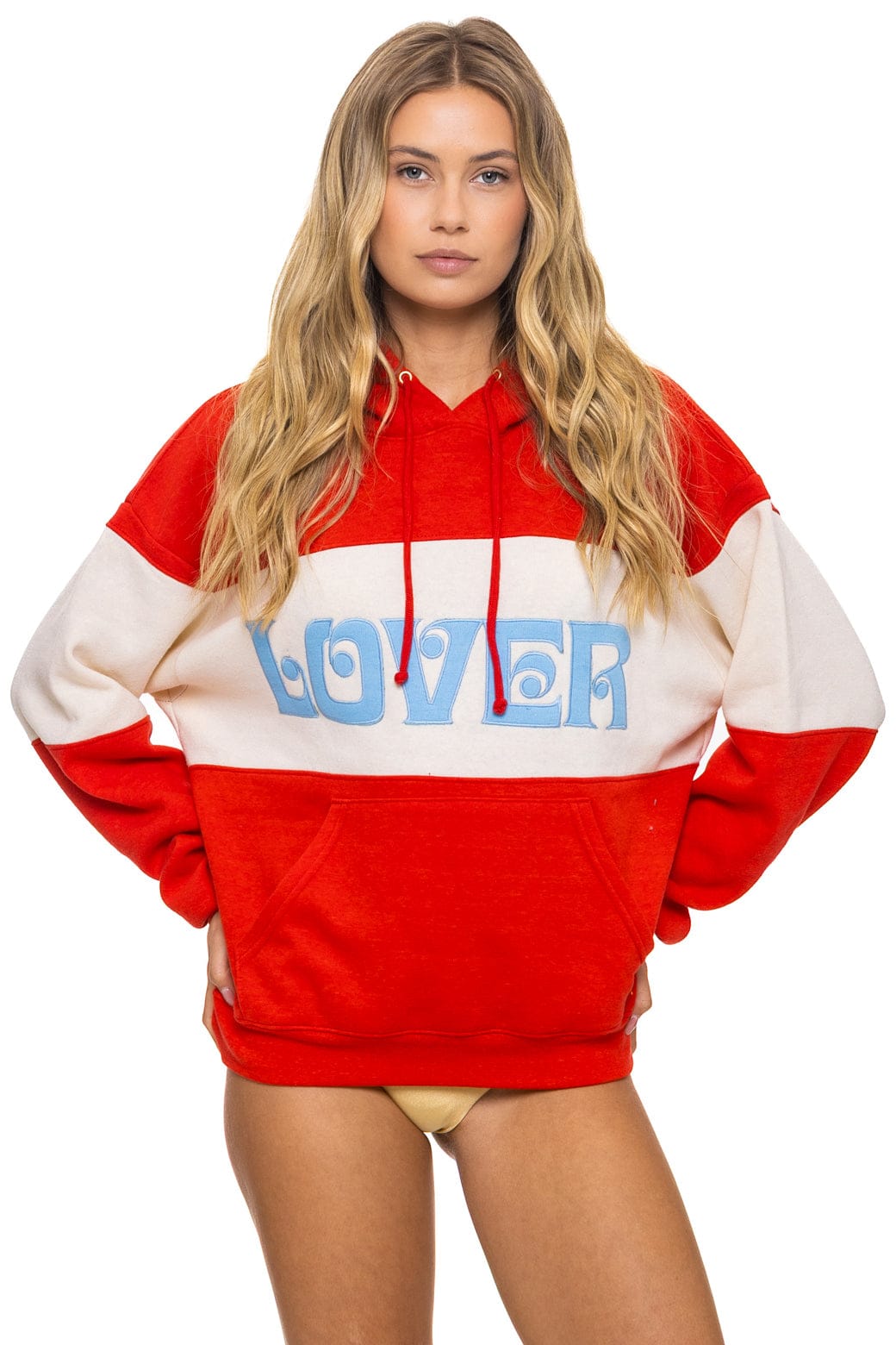 LOVER EMBROIDERY COLOR BLOCK PULLOVER HOODIE RELAXED - RED // VINTAGE WHITE