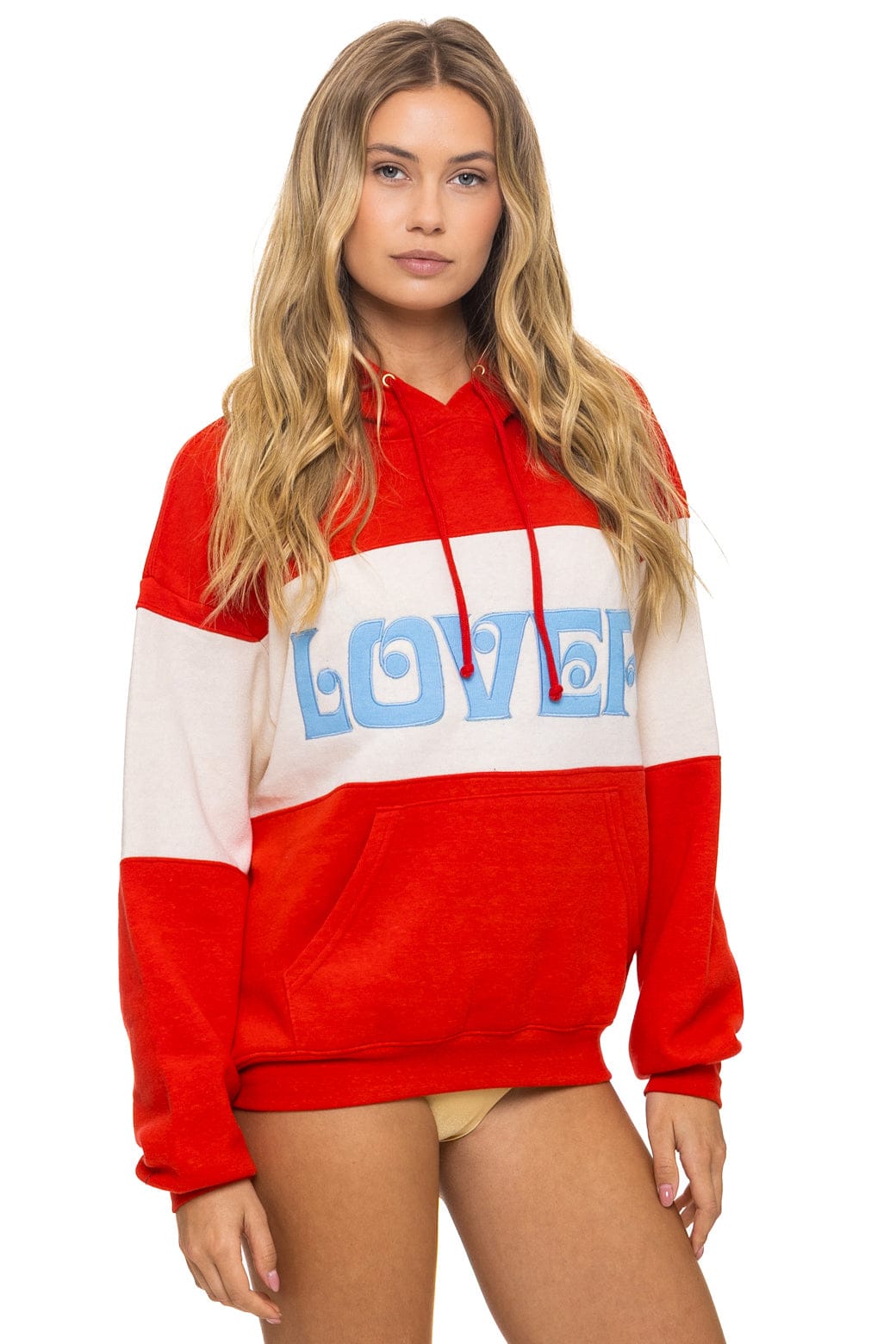 LOVER EMBROIDERY COLOR BLOCK PULLOVER HOODIE RELAXED - RED // VINTAGE WHITE