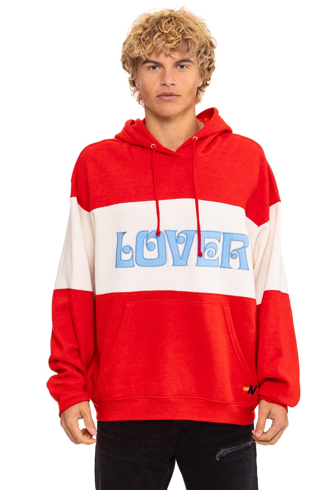 LOVER EMBROIDERY COLOR BLOCK PULLOVER HOODIE RELAXED - RED // VINTAGE WHITE