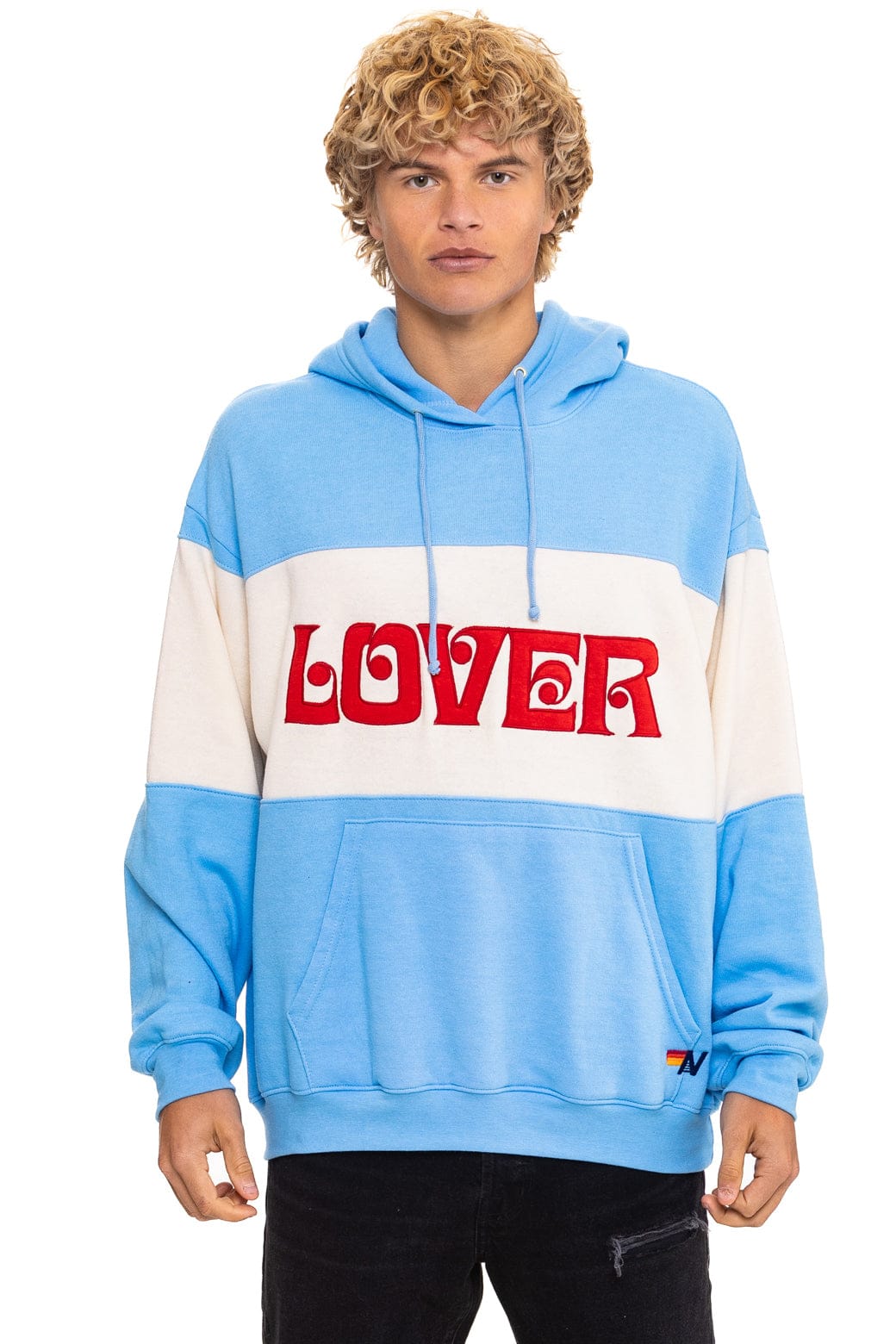 LOVER EMBROIDERY COLOR BLOCK PULLOVER HOODIE RELAXED - SKY // VINTAGE WHITE