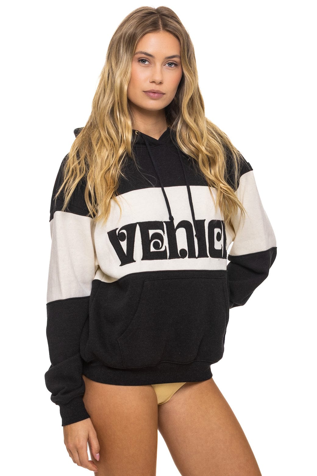 VENICE EMBROIDERY COLOR BLOCK PULLOVER HOODIE RELAXED - BLACK // VINTAGE WHITE