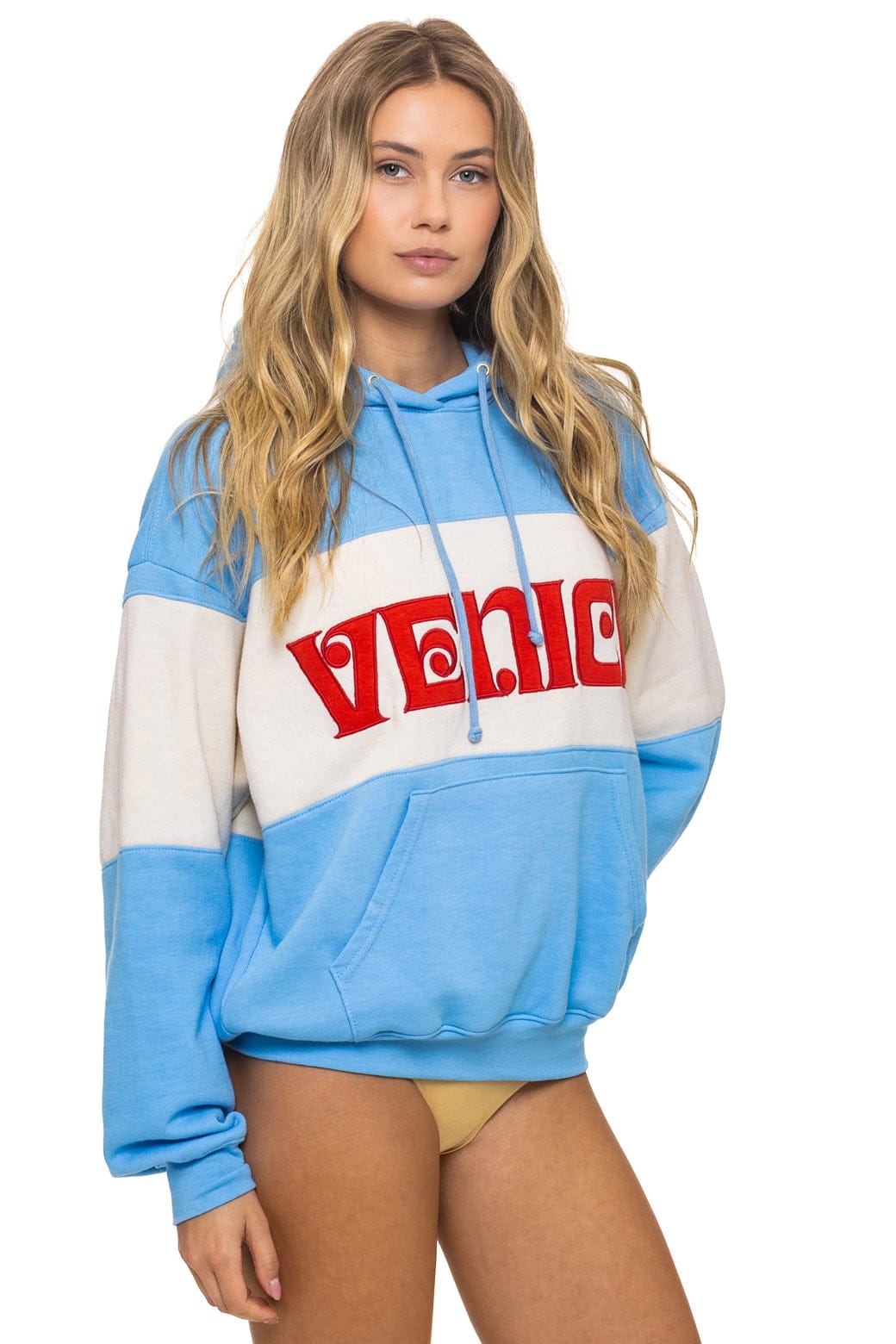 VENICE EMBROIDERY COLOR BLOCK PULLOVER HOODIE RELAXED - SKY // VINTAGE WHITE