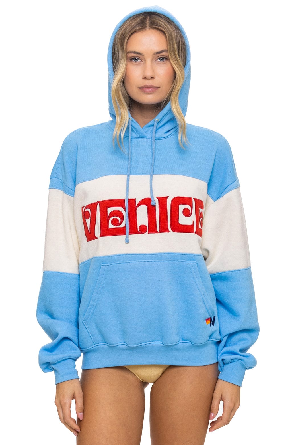 VENICE EMBROIDERY COLOR BLOCK PULLOVER HOODIE RELAXED - SKY // VINTAGE WHITE