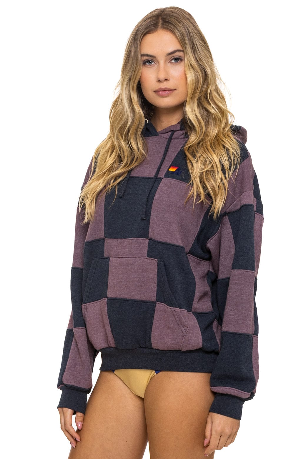 CHECK QUILT RELAXED PULLOVER HOODIE - CHARCOAL // MOCHA