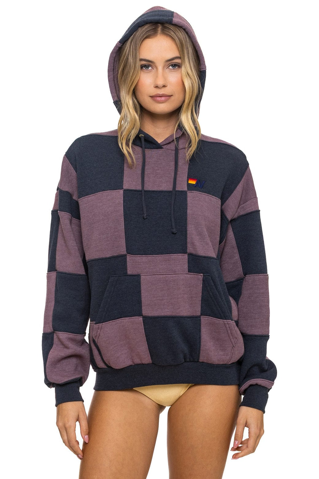 CHECK QUILT RELAXED PULLOVER HOODIE - CHARCOAL // MOCHA