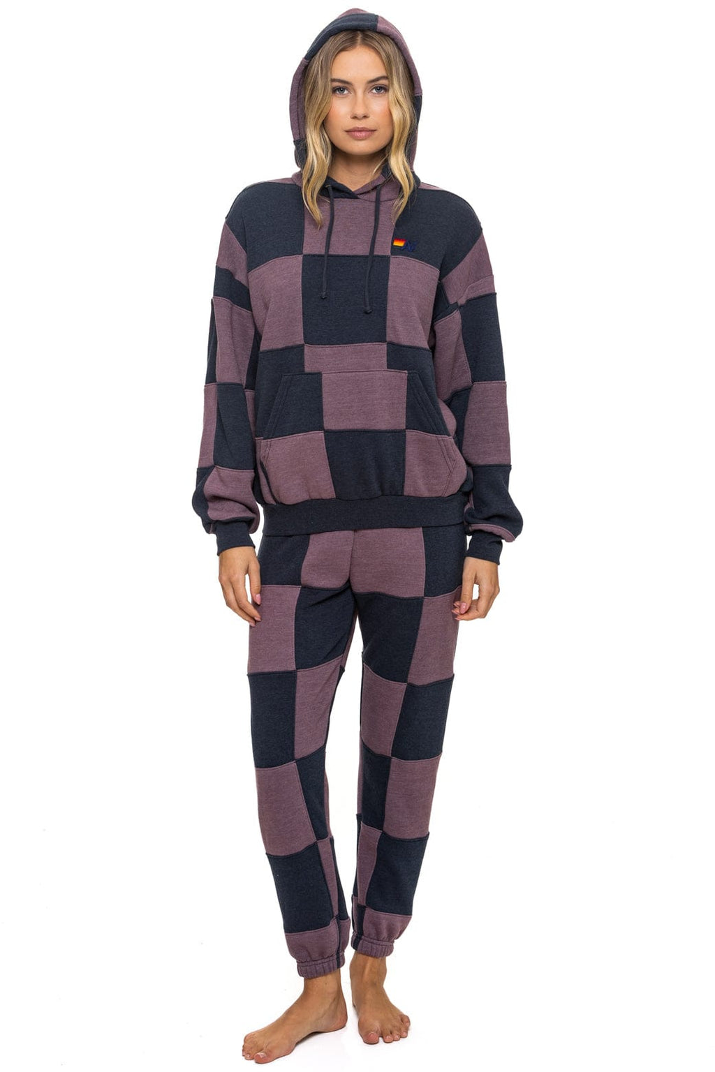 CHECK QUILT RELAXED PULLOVER HOODIE - CHARCOAL // MOCHA