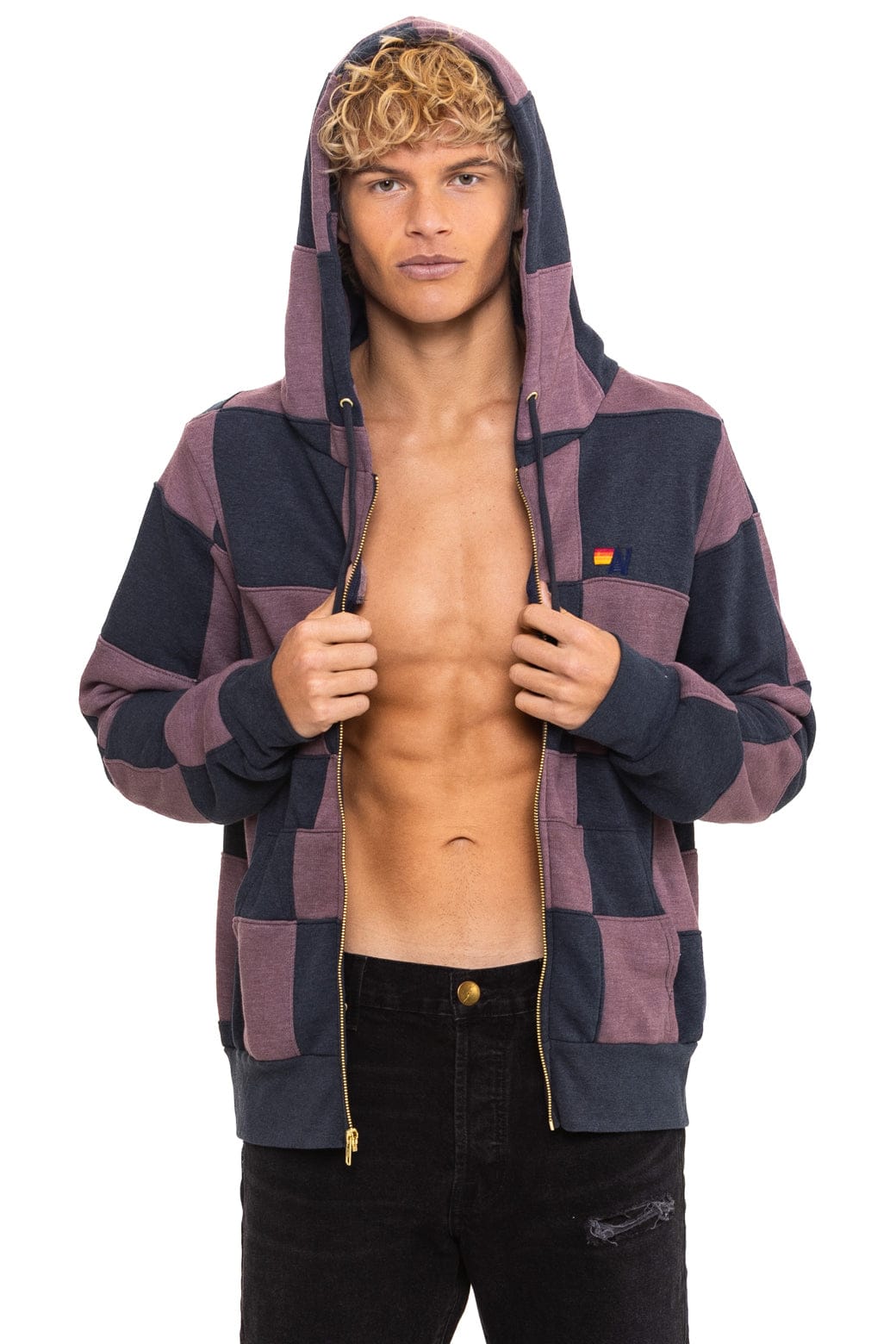CHECK QUILT ZIP HOODIE - CHARCOAL // MOCHA