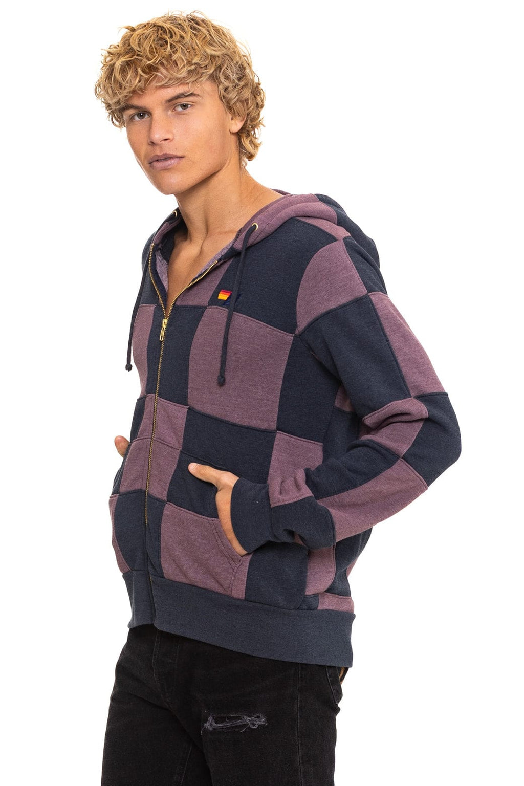 CHECK QUILT ZIP HOODIE - CHARCOAL // MOCHA