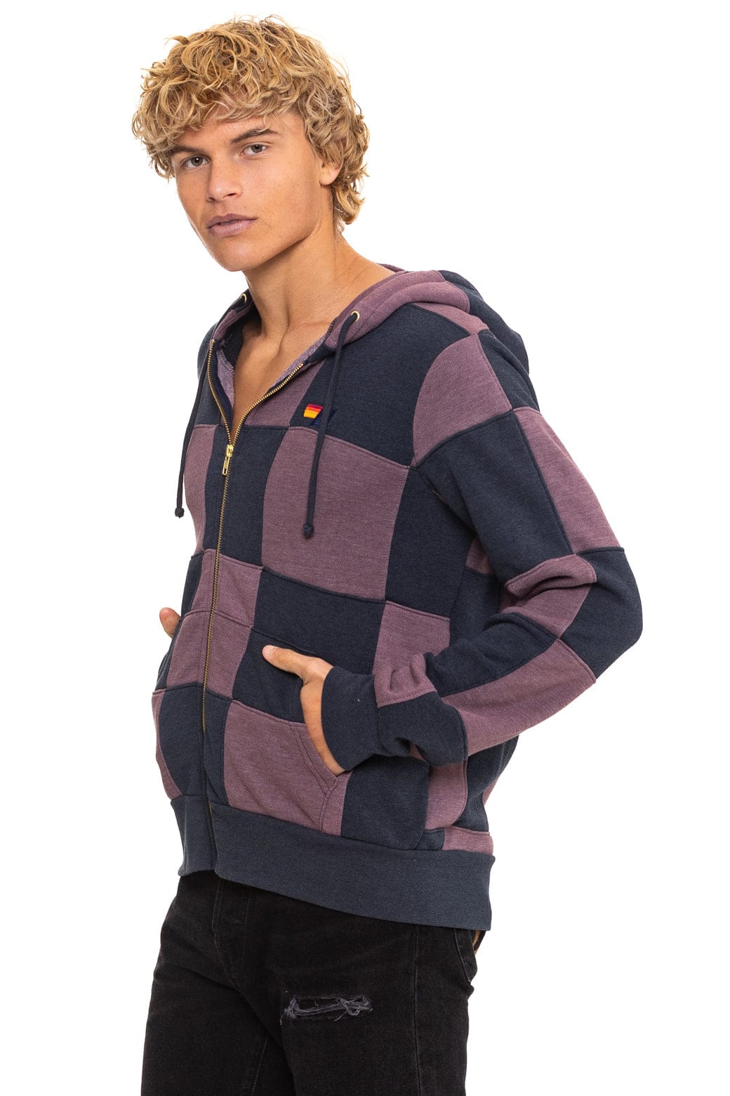 CHECK QUILT ZIP HOODIE - CHARCOAL // MOCHA