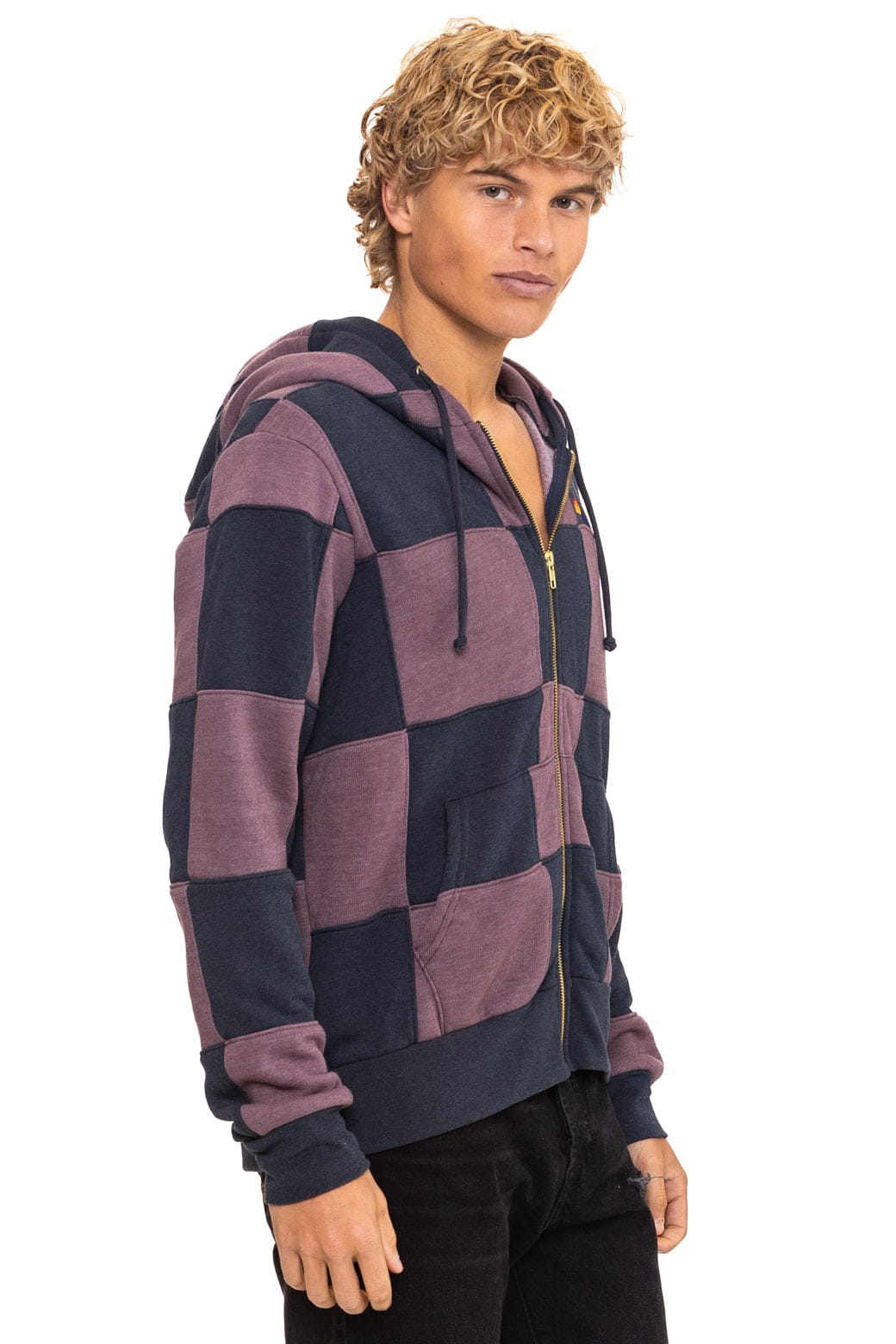 CHECK QUILT ZIP HOODIE - CHARCOAL // MOCHA