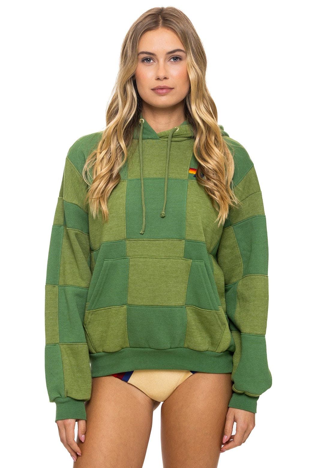 CHECK QUILT RELAXED PULLOVER HOODIE - JUNGLE GREEN // PALM