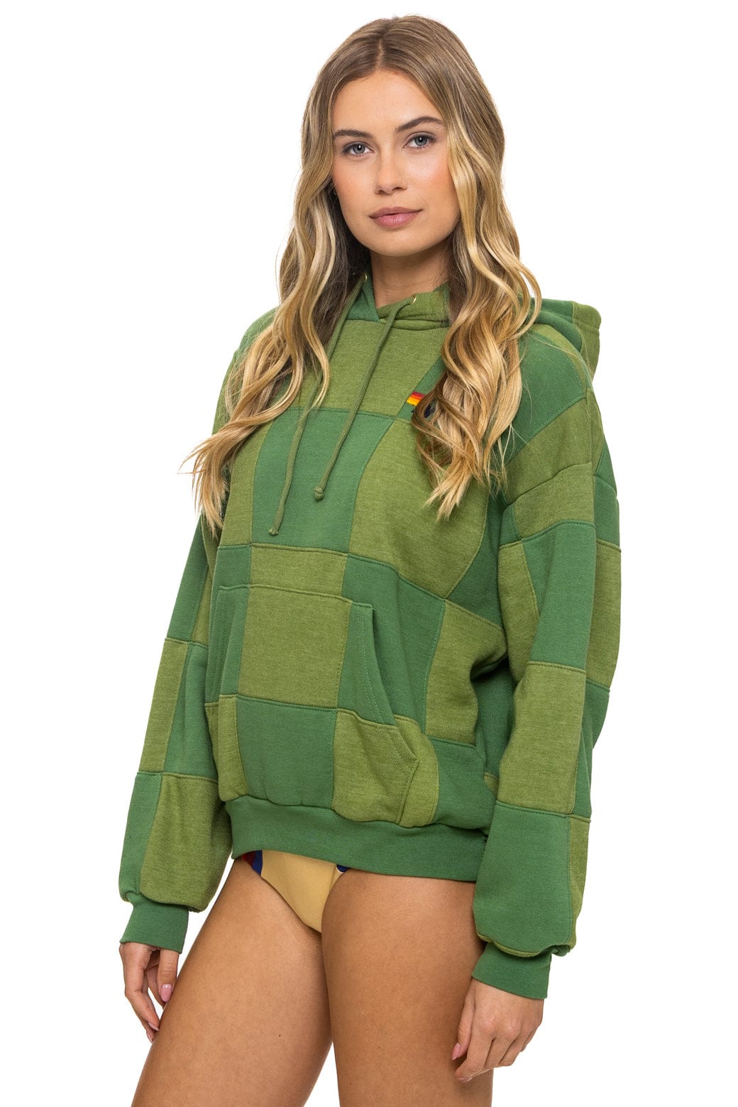 CHECK QUILT RELAXED PULLOVER HOODIE - JUNGLE GREEN // PALM
