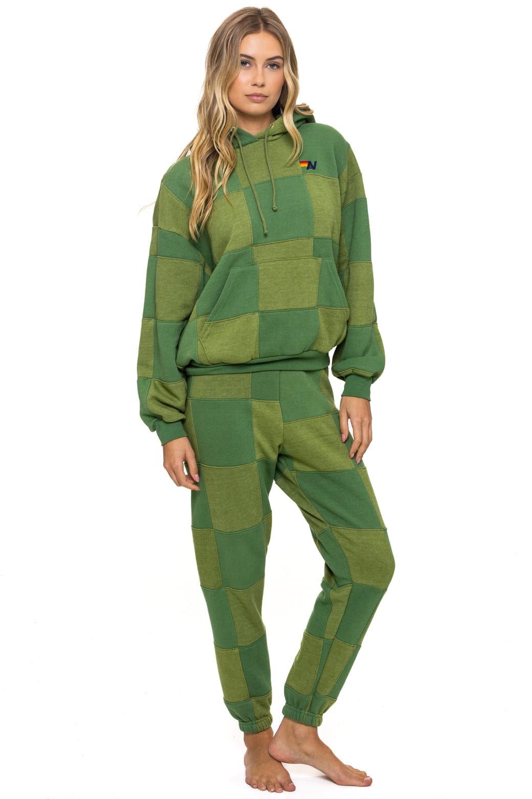 CHECK QUILT RELAXED PULLOVER HOODIE - JUNGLE GREEN // PALM