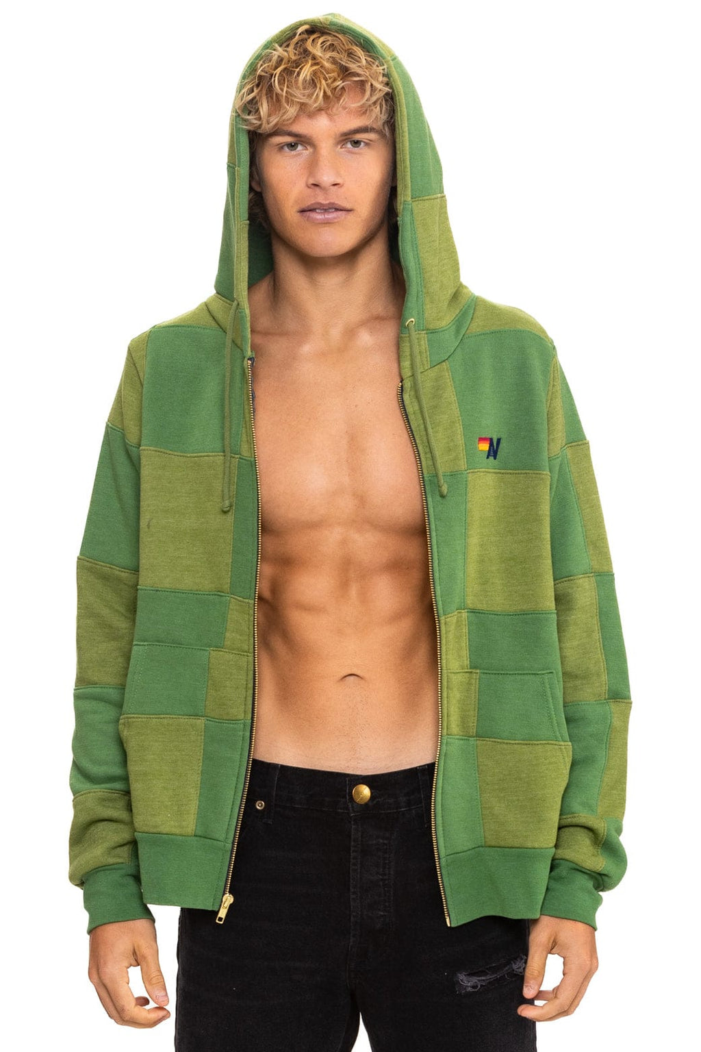 CHECK QUILT ZIP HOODIE - JUNGLE GREEN // PALM