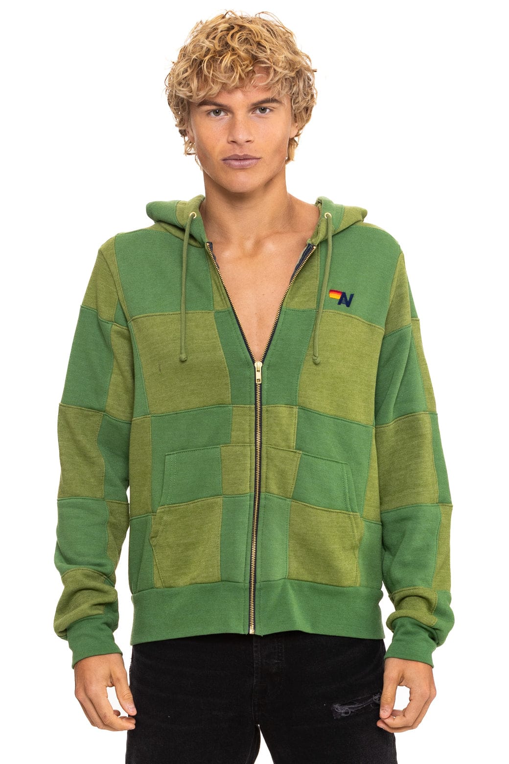 CHECK QUILT ZIP HOODIE - JUNGLE GREEN // PALM