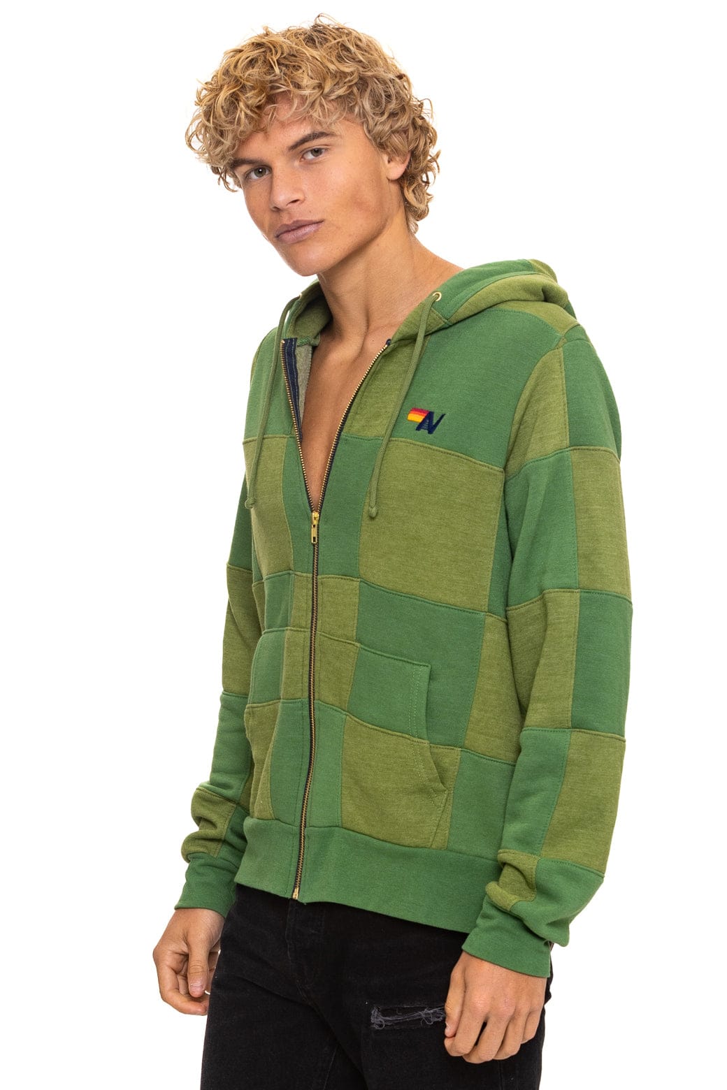 CHECK QUILT ZIP HOODIE - JUNGLE GREEN // PALM