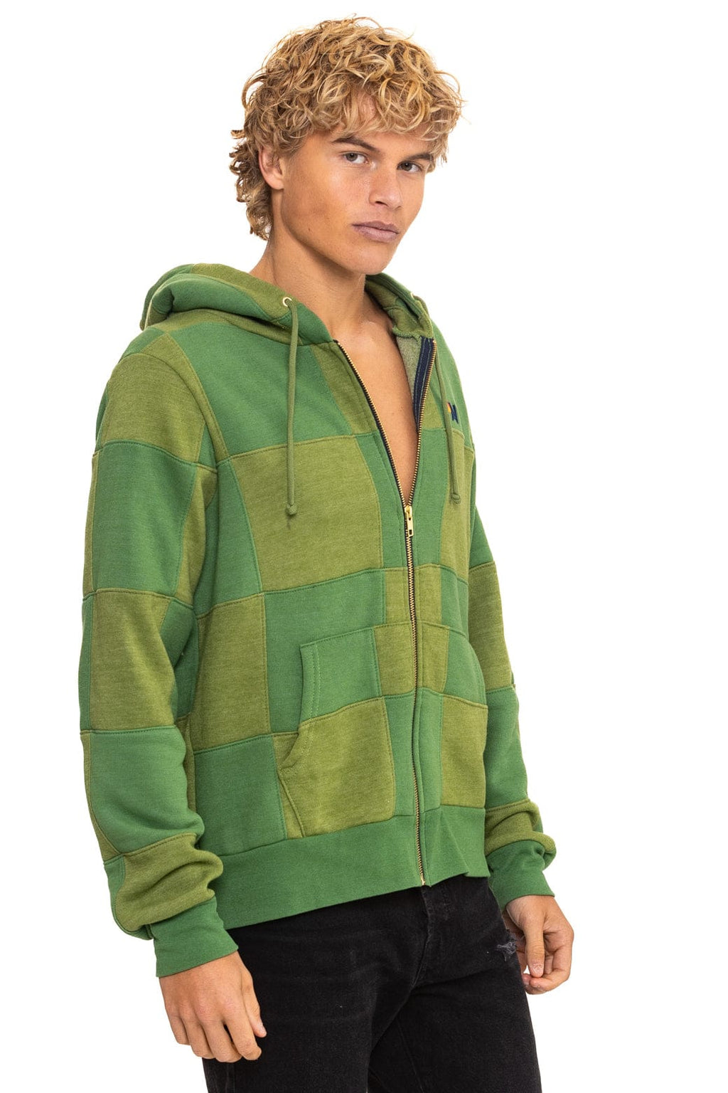 CHECK QUILT ZIP HOODIE - JUNGLE GREEN // PALM