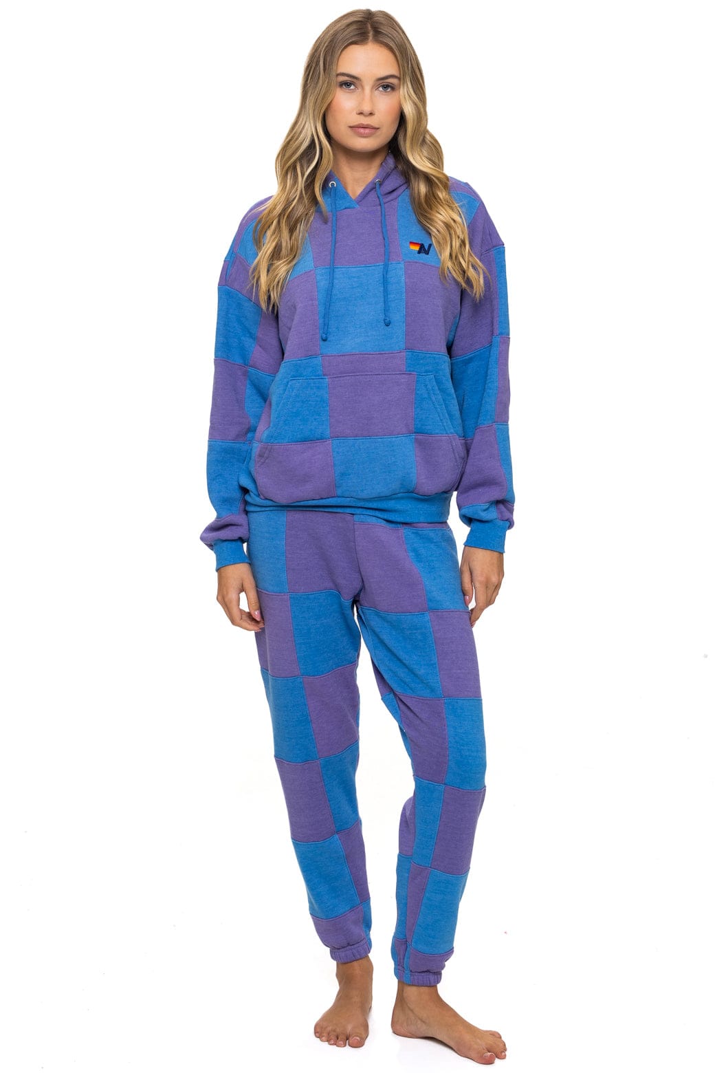 CHECK QUILT RELAXED PULLOVER HOODIE - LAVENDER // OCEAN