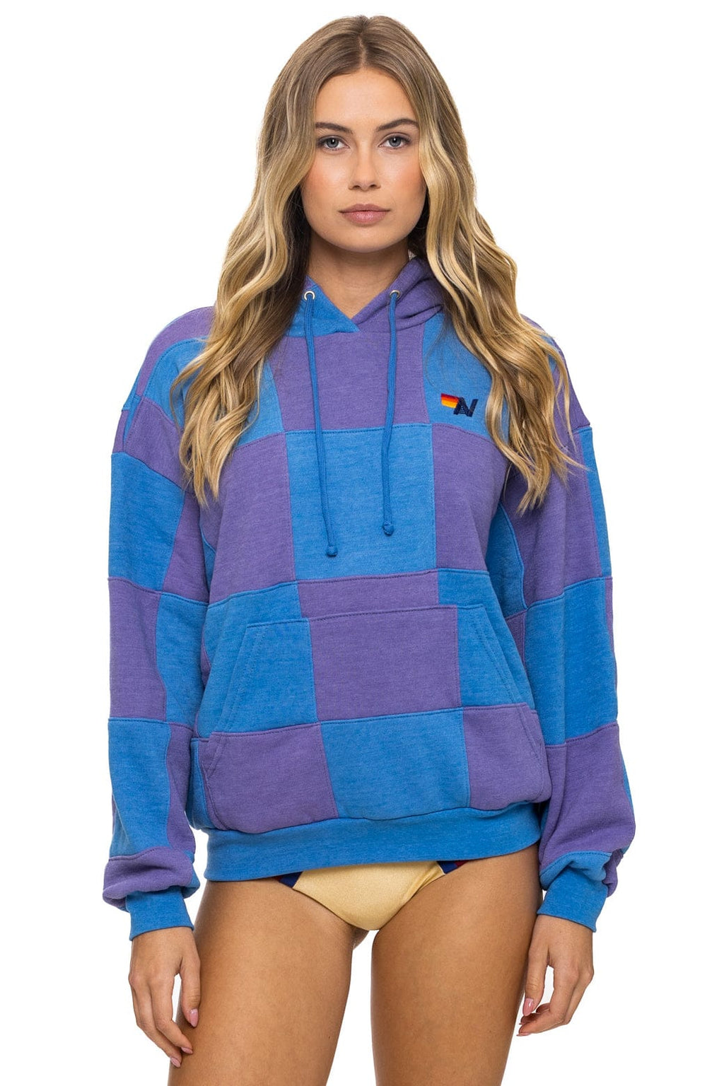 CHECK QUILT RELAXED PULLOVER HOODIE - LAVENDER // OCEAN