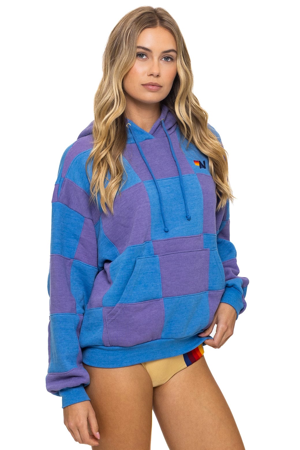 CHECK QUILT RELAXED PULLOVER HOODIE - LAVENDER // OCEAN