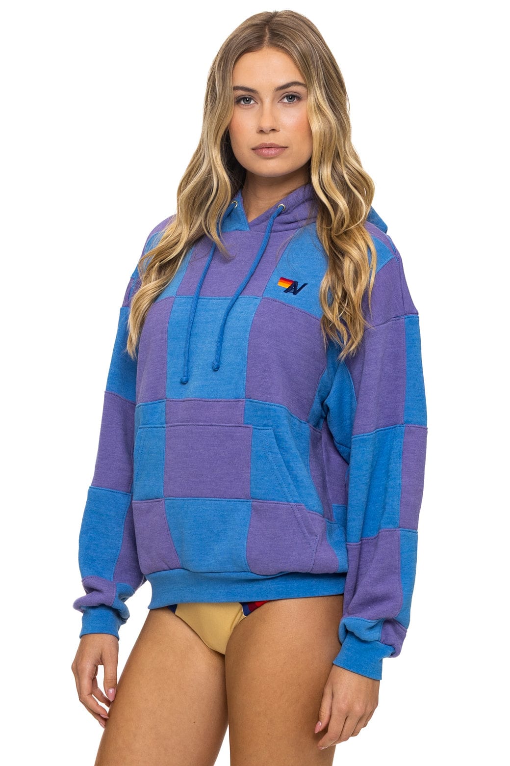 CHECK QUILT RELAXED PULLOVER HOODIE - LAVENDER // OCEAN