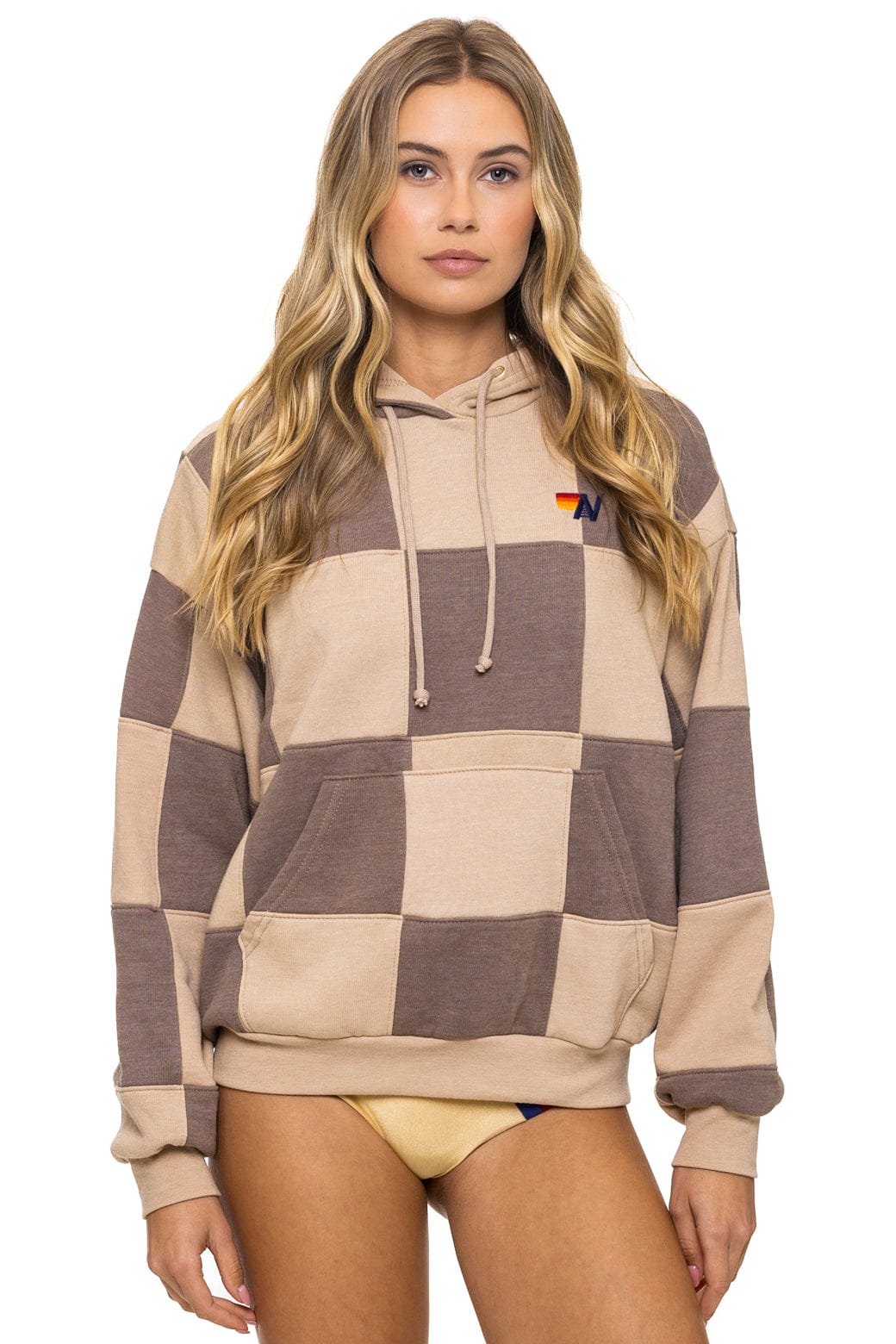 CHECK QUILT RELAXED PULLOVER HOODIE - SAND // TAUPE