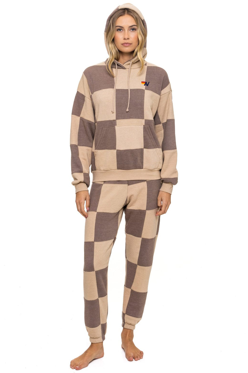 CHECK QUILT RELAXED PULLOVER HOODIE - SAND // TAUPE